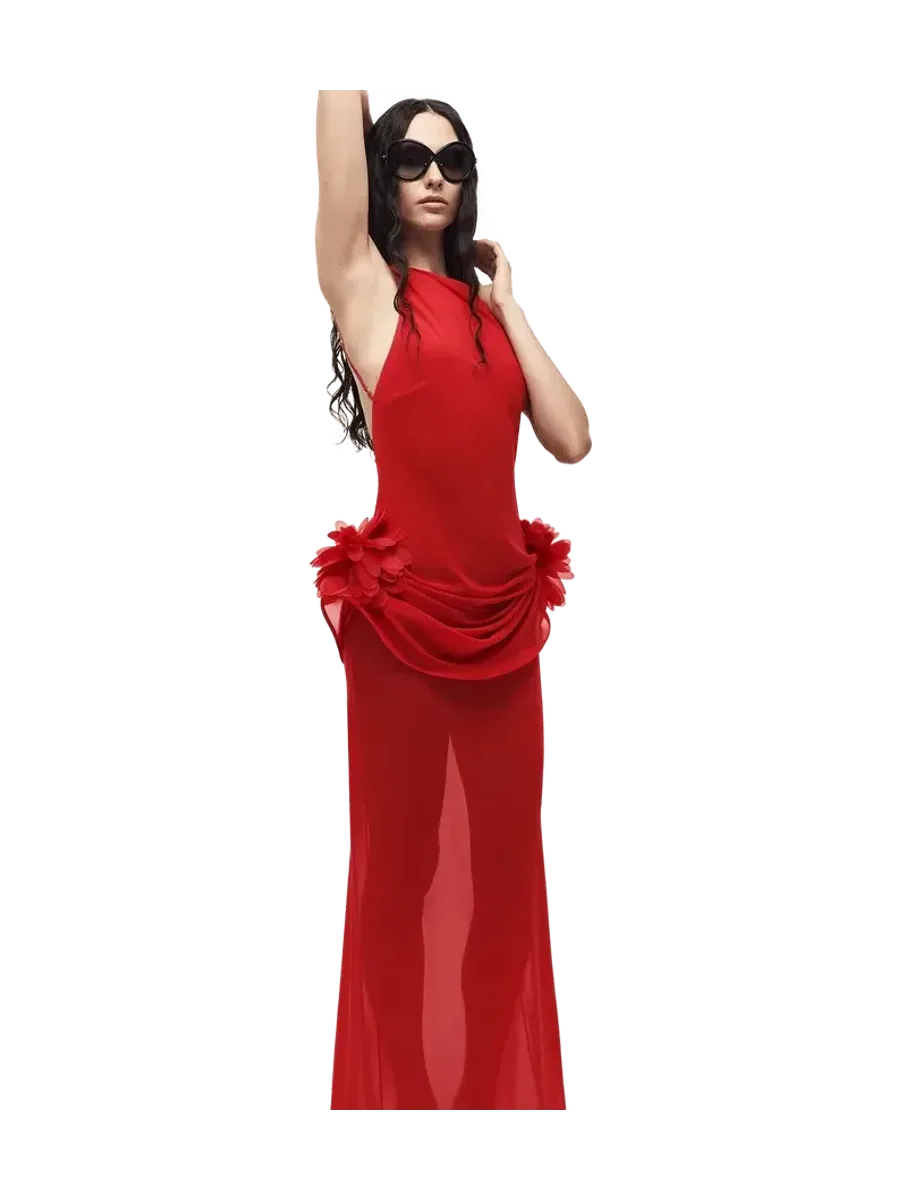 Selezza London Chiffon Floral Maxi Dress in Red