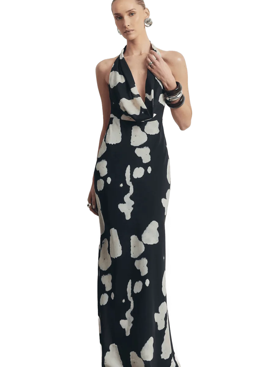 Because of Alice Chiffon Plunging Cowl Neck Maxi Dress - Abstract Pebble