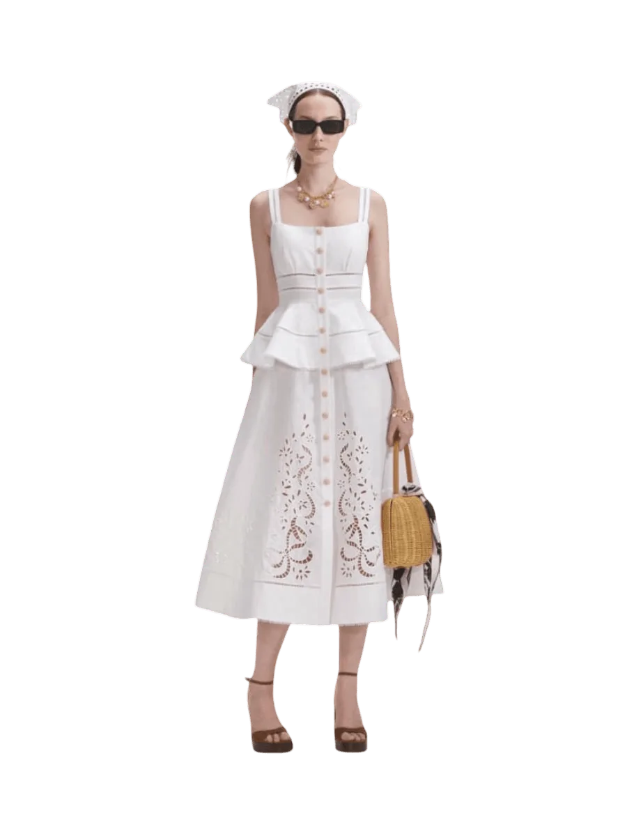 Self-Portrait Cream Linen Peplum Midi Dress