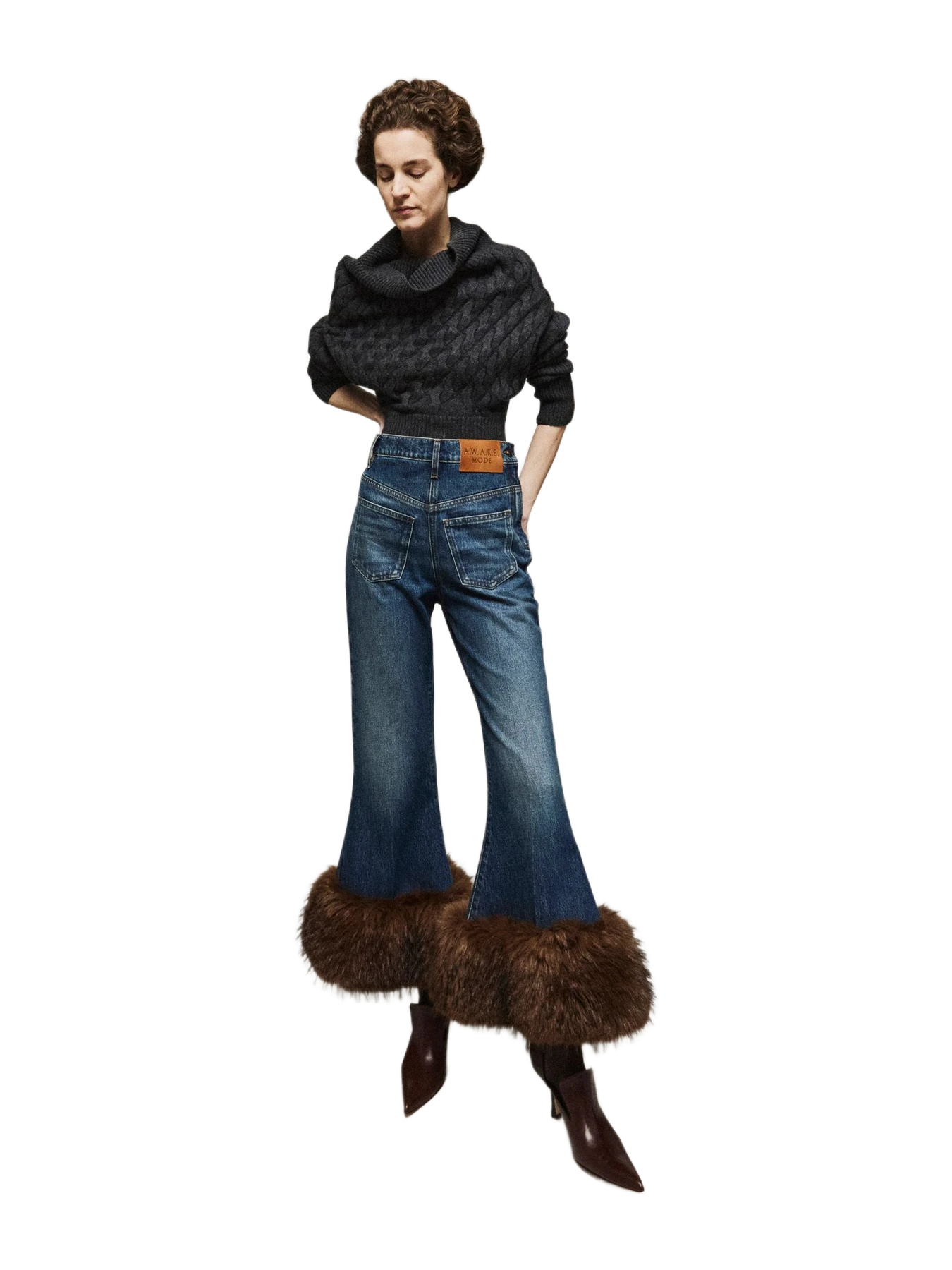 A.W.A.K.E. MODE Cropped Flared Trousers With Faux Fur Hem Classic Blue Wash