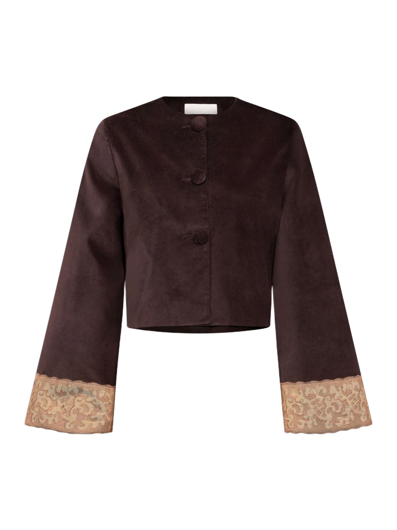 DESTREE Cropped Velvet Jacket With Lace Hem - Dark Brown
