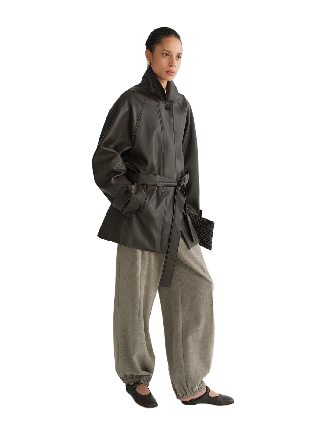 Pixie Market Dark Brown Leather Funnel Neck Belted Jacket
