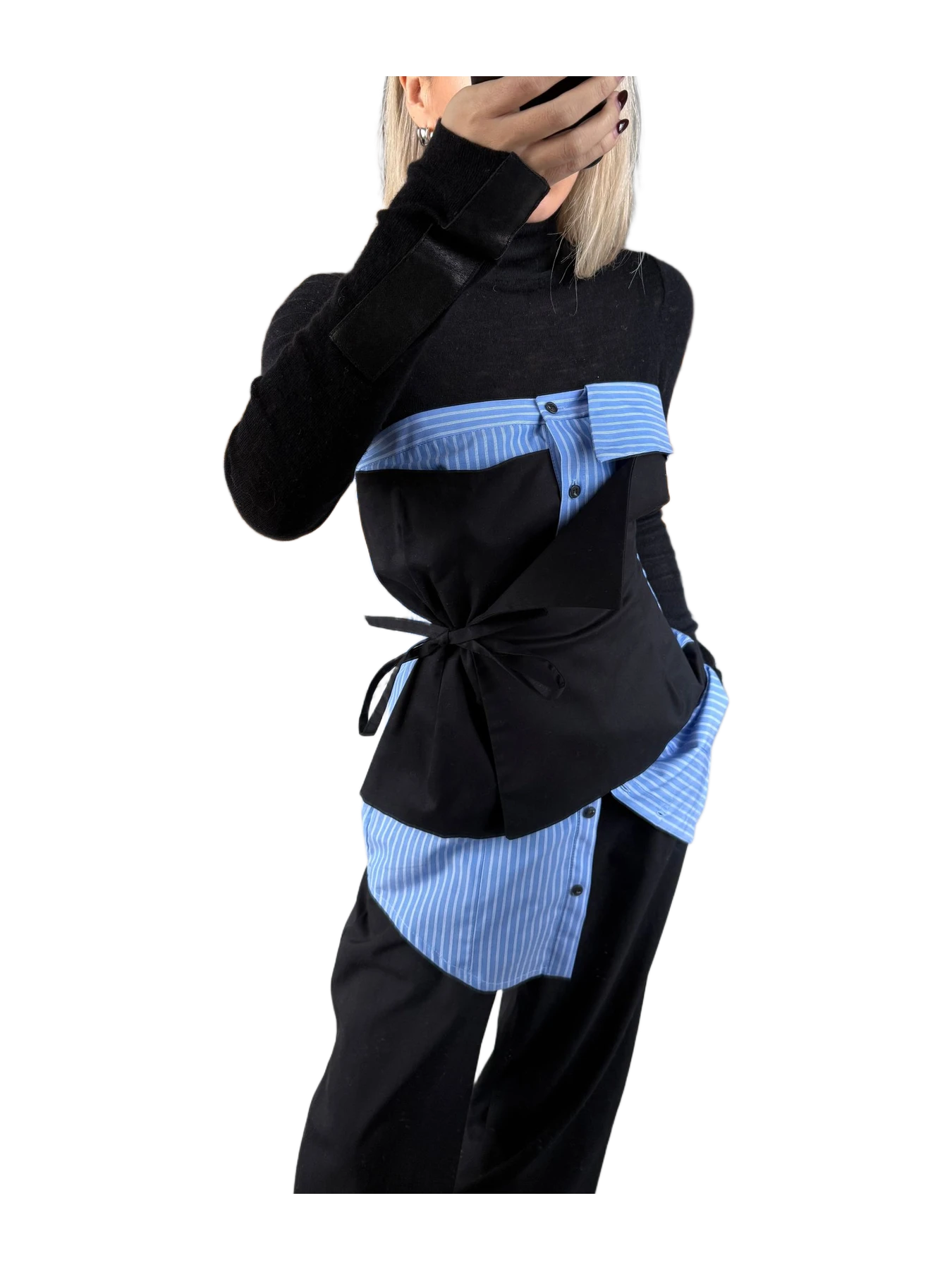 Aaizél DECONSTRUCTED WRAP SHIRT TOP in BLUE STRIPE/BLACK