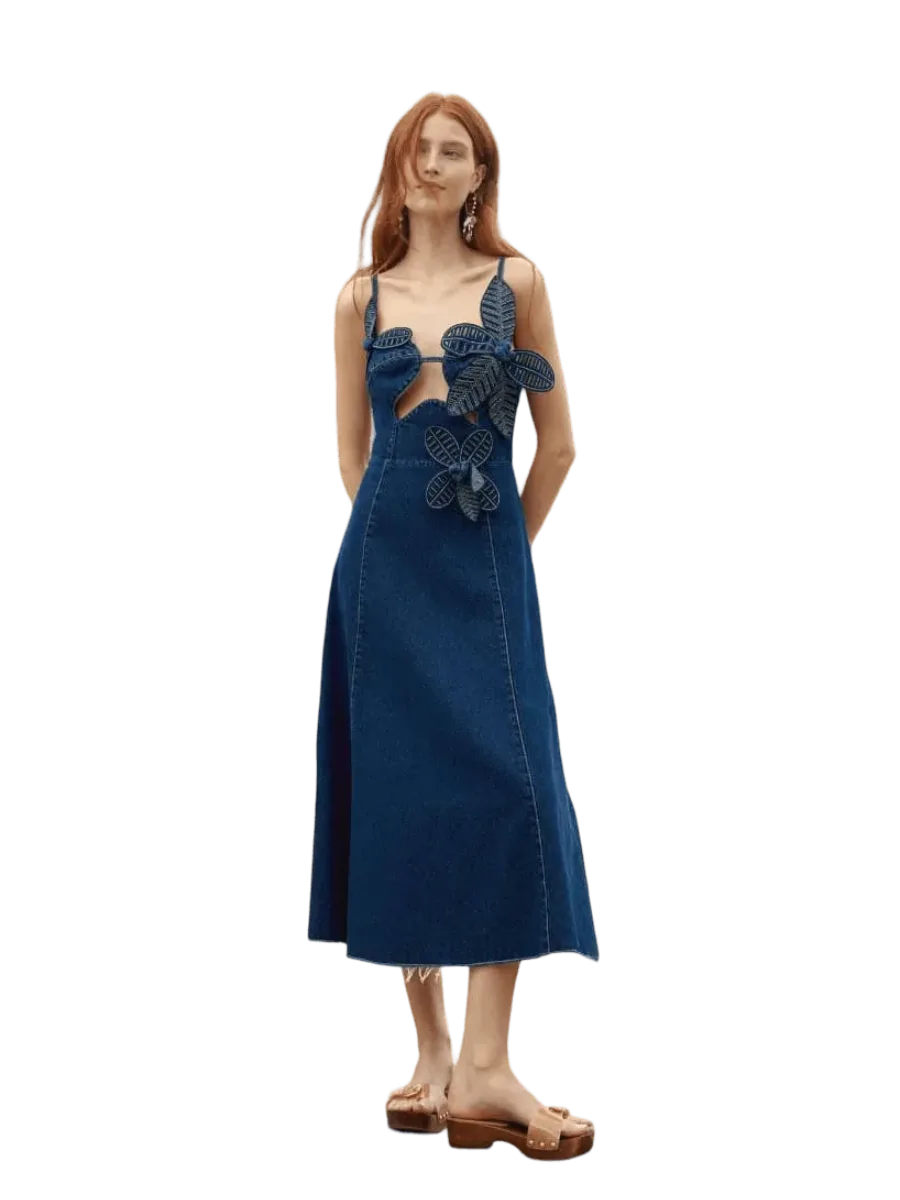 Farm Rio Denim 3D Flower Cut-Out Midi Dress