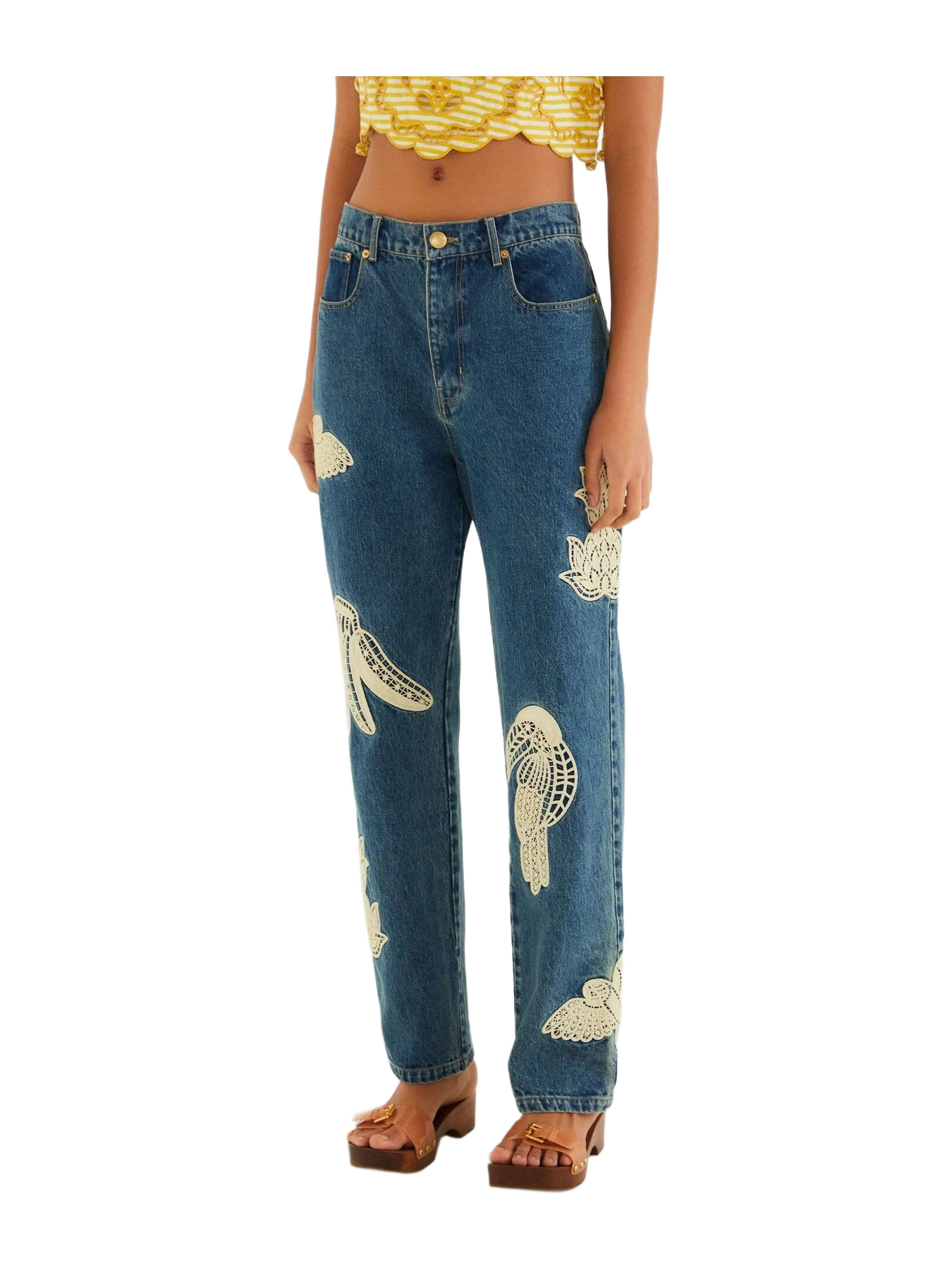 Farm Rio Denim Birds Embroidered Pants