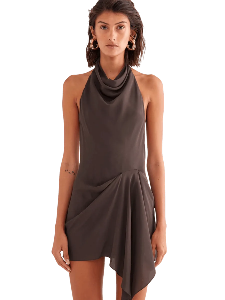 Venroy Draped Halter Mini Dress - Dark Chocolate