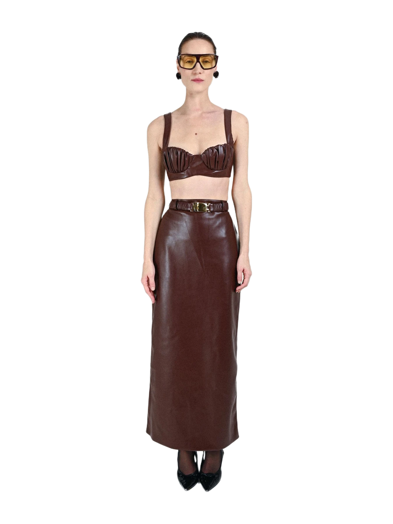 Rowen Rose Eco Leather Long Skirt with Matching Belt