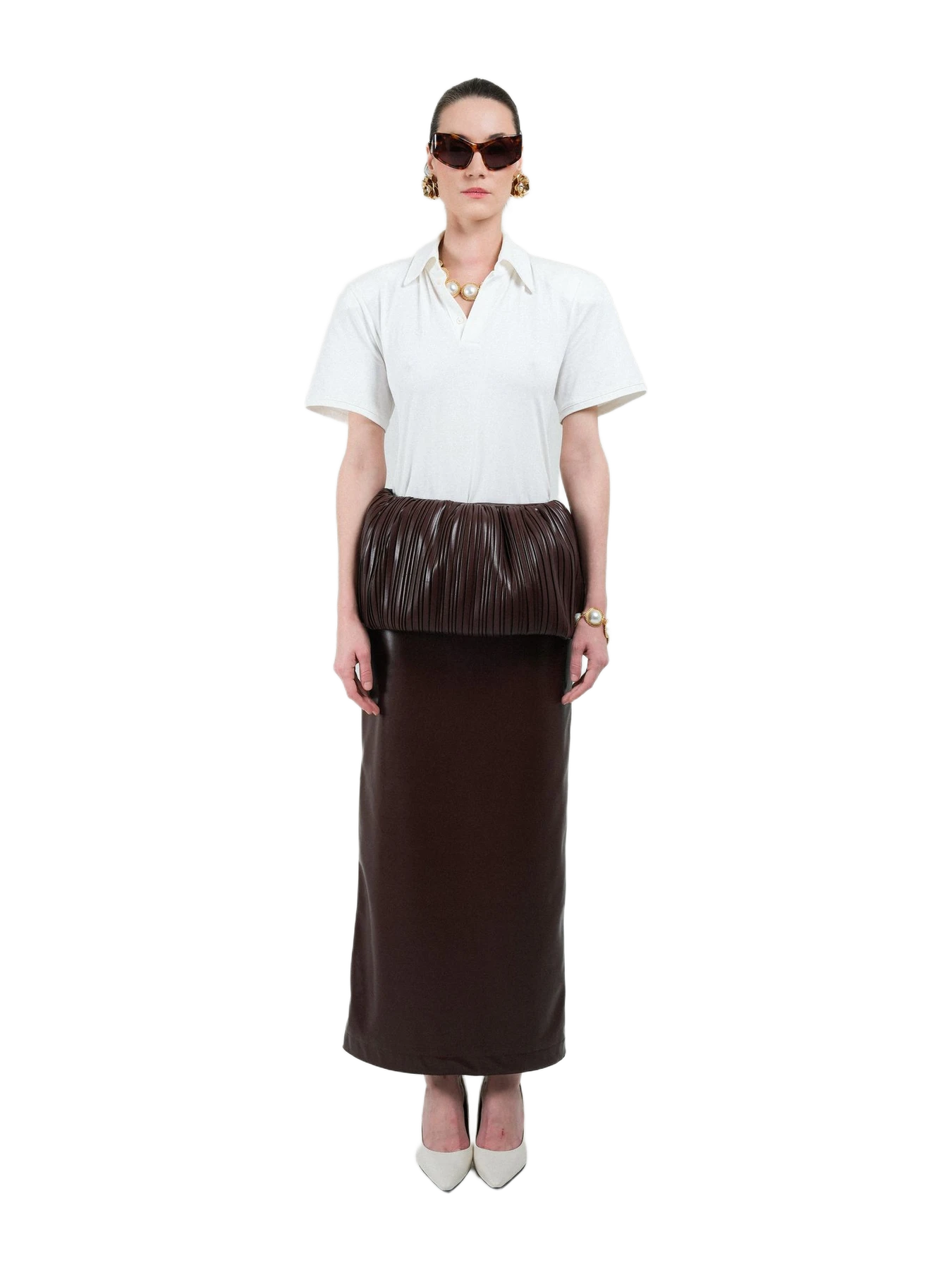 Rowen Rose Eco Leather Pleated Balloon Skirt