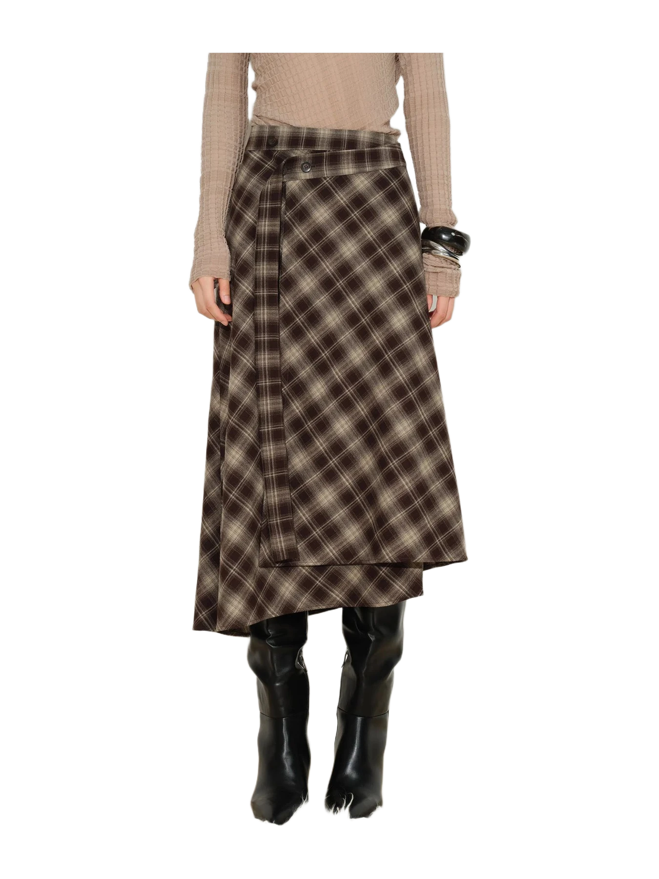 Fabrique Elle Bias Cut Plaid Wrap Skirt In Lightweight Flannel