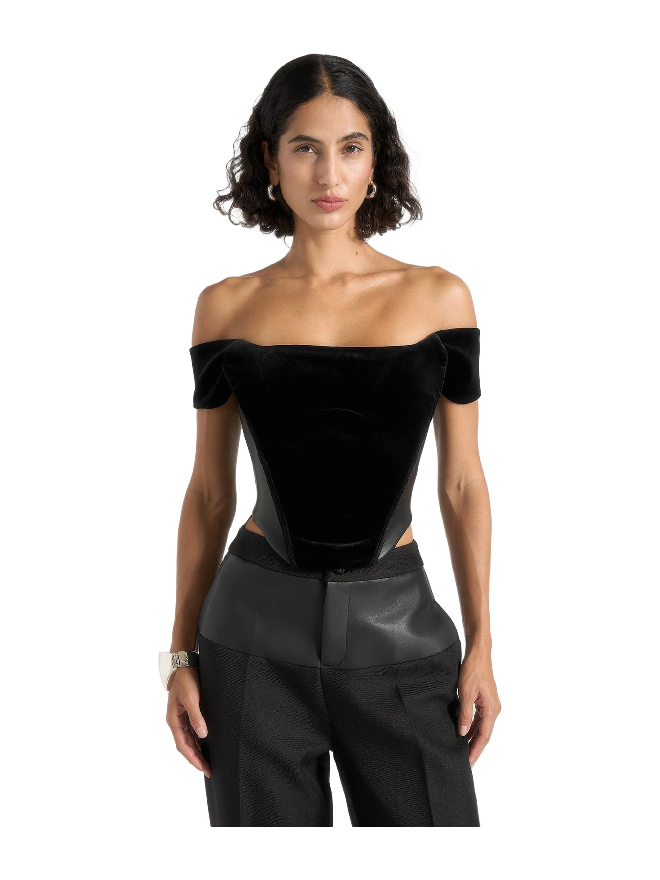 Manière de Voir Fae - Velvet & Leather Bardot Corset Top - Black
