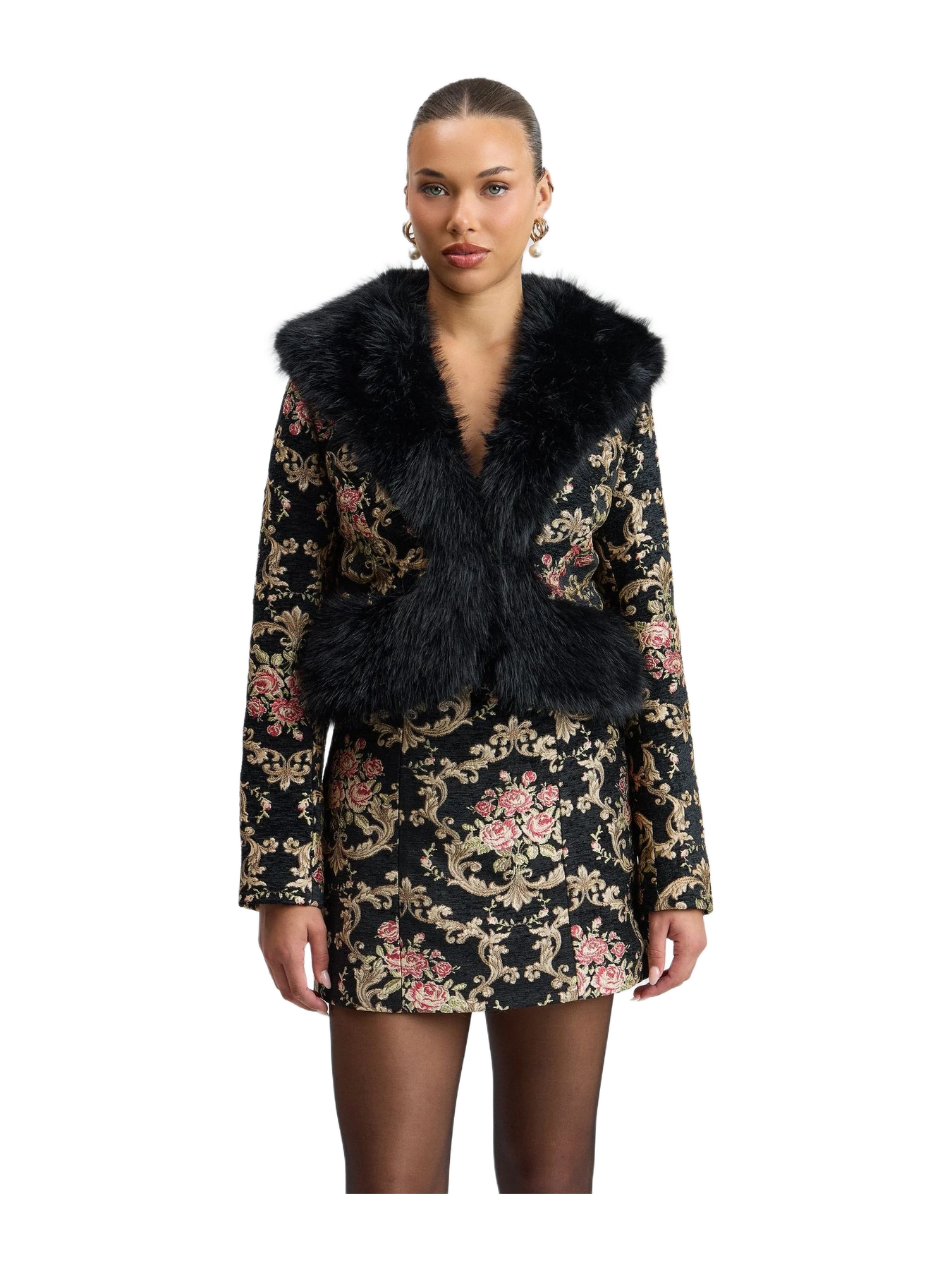 Avec Les Filles Faux-Fur Trimmed Flocked Brocade Jacket