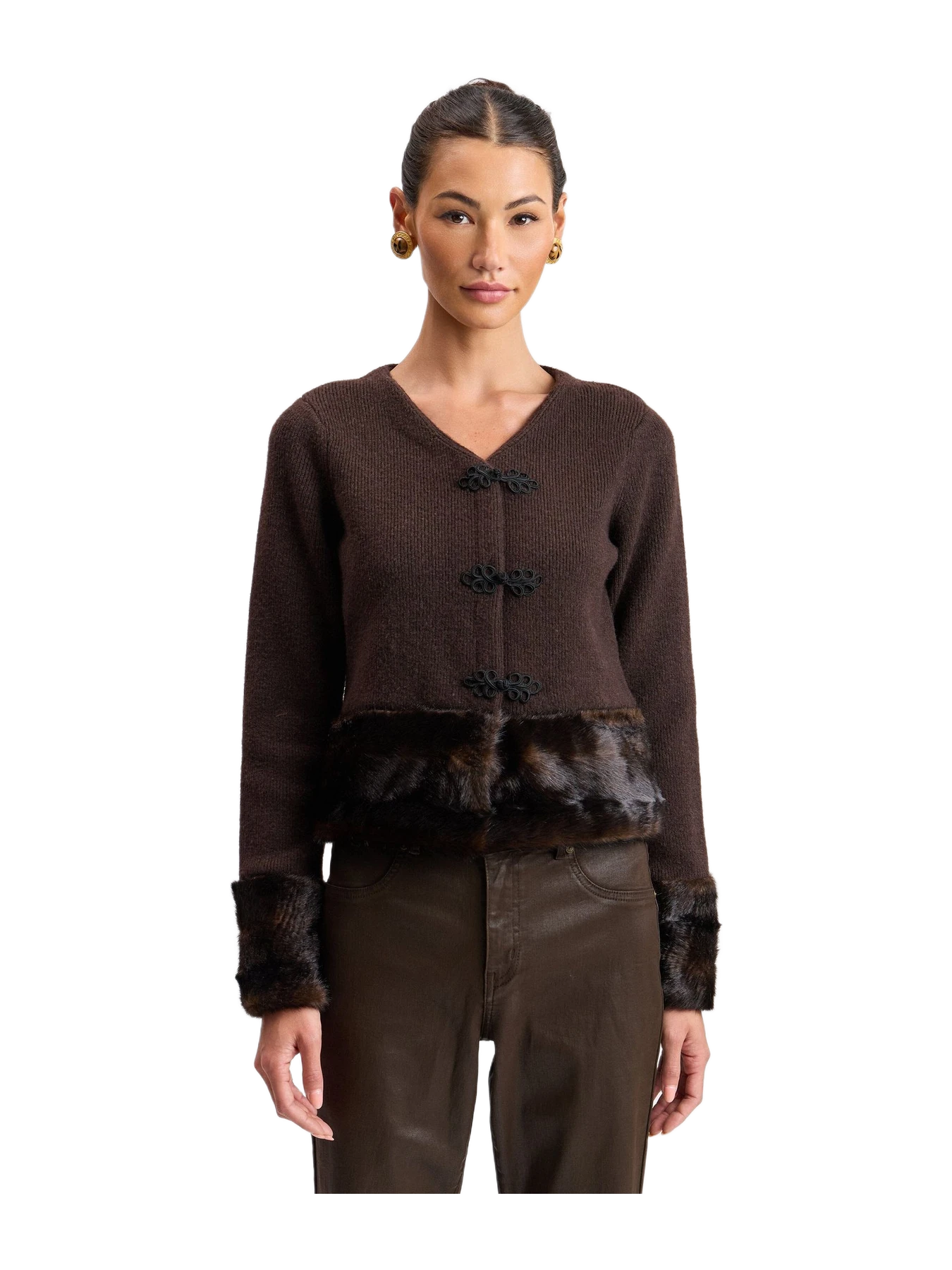 Avec Les Filles Faux Fur-Trimmed Frog-Closure Cardigan