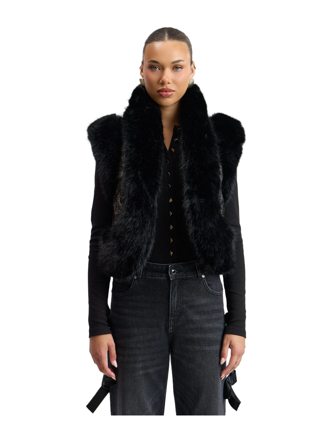 Avec Les Filles Faux-Fur Trimmed Jacquard Cropped Vest