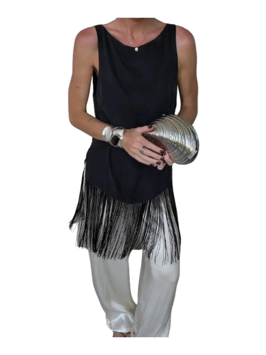 FIORA BLACK CUPRO FRINGE TOP