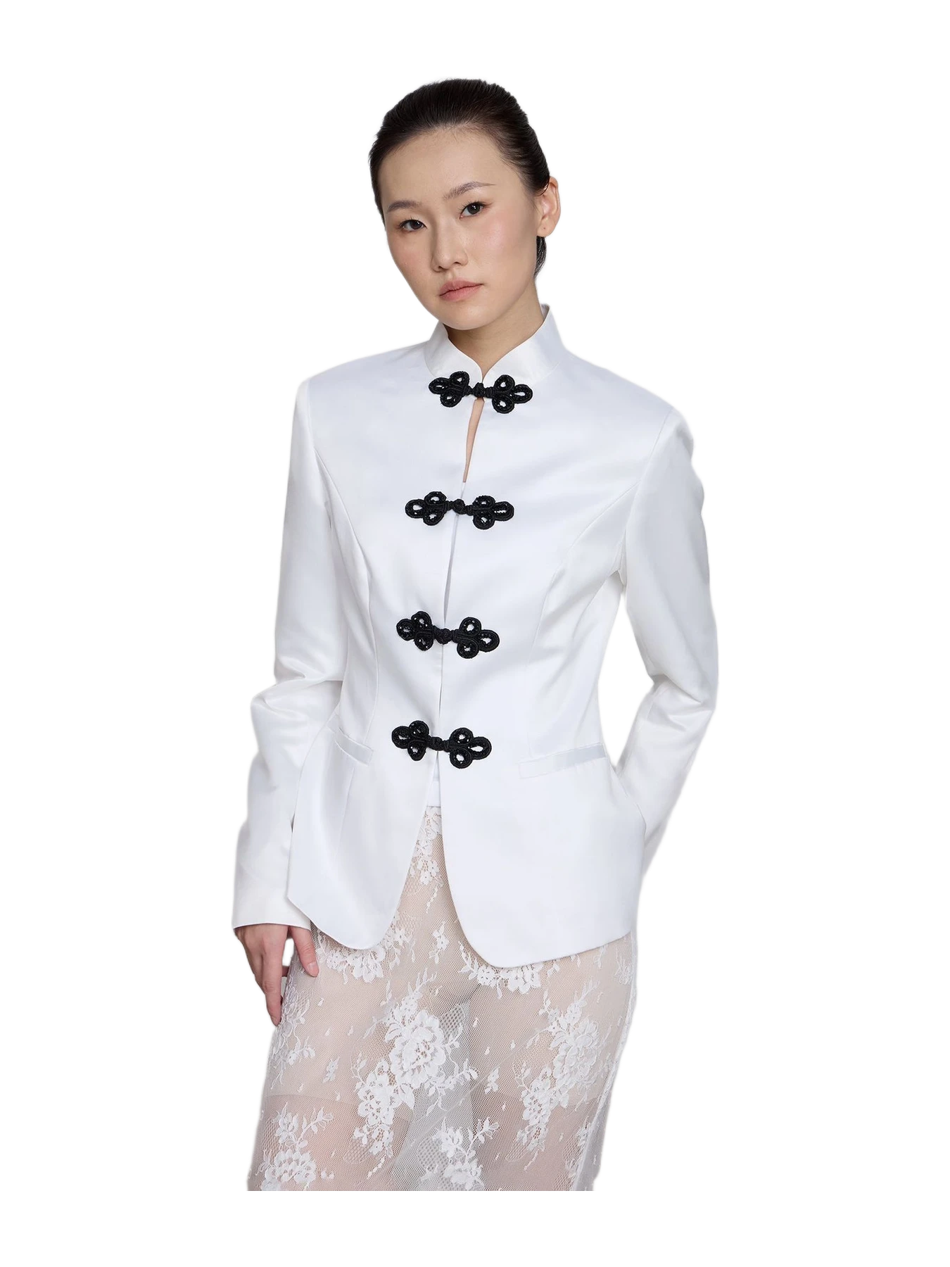 Qipology Fitted Satin Tang Blazer (white)