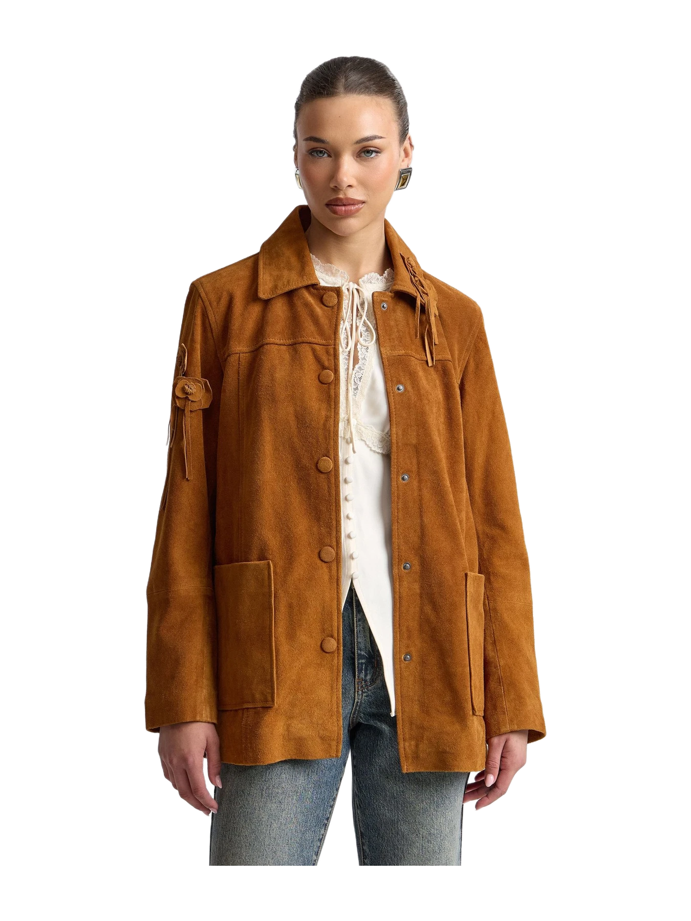 Avec Les Filles Floral Appliqué Genuine Suede Shacket