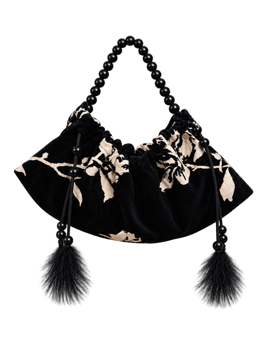 Simonett Floral Jacquard Velvet Bag With Wood-Bead Handle & Fur Tassels