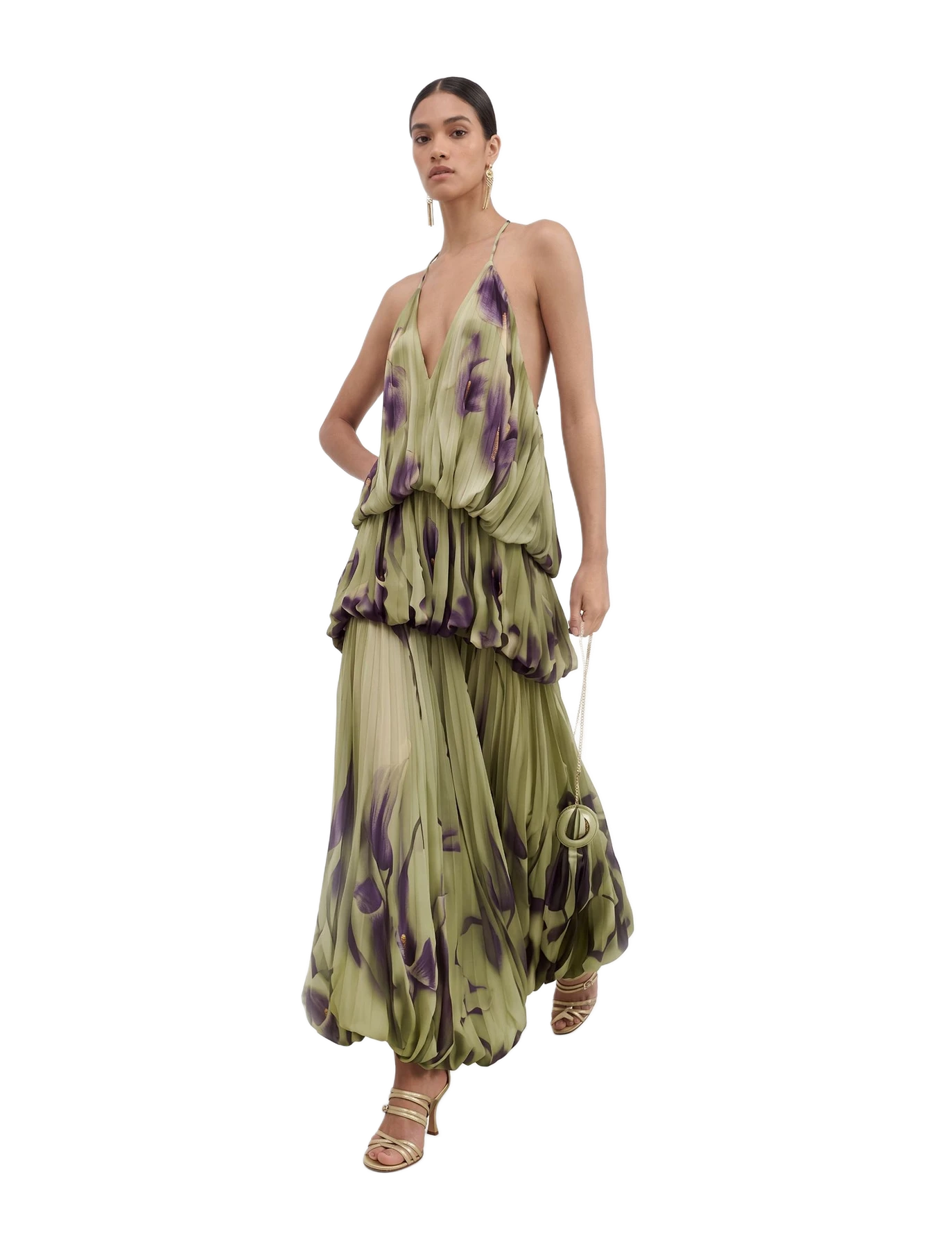 JW Pei Floral Print Plunge-Neck Tiered Bubble-Hem Maxi Dress