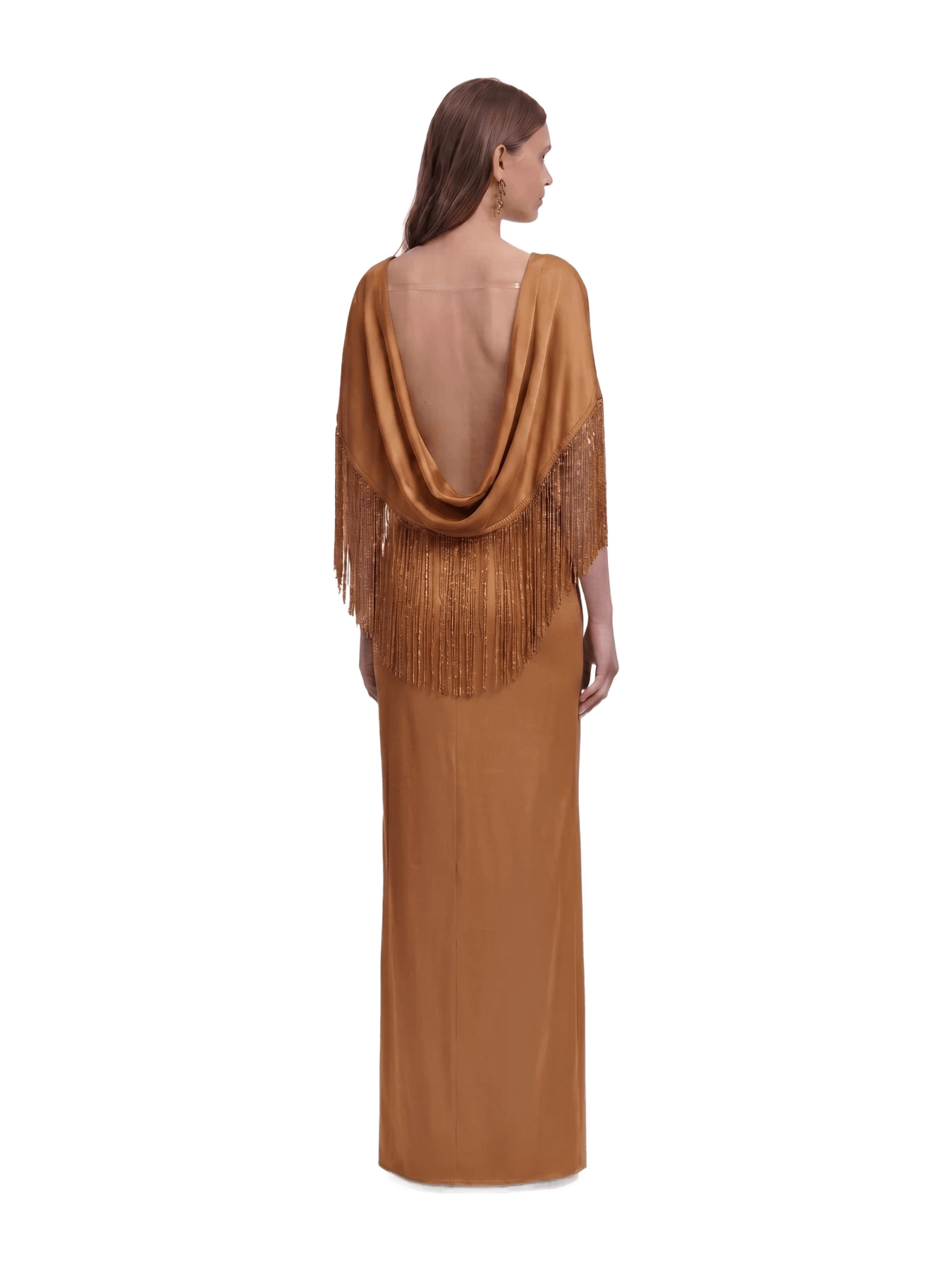 JW Pei Fringe Cape Satin Maxi Dress - Caramel Brown