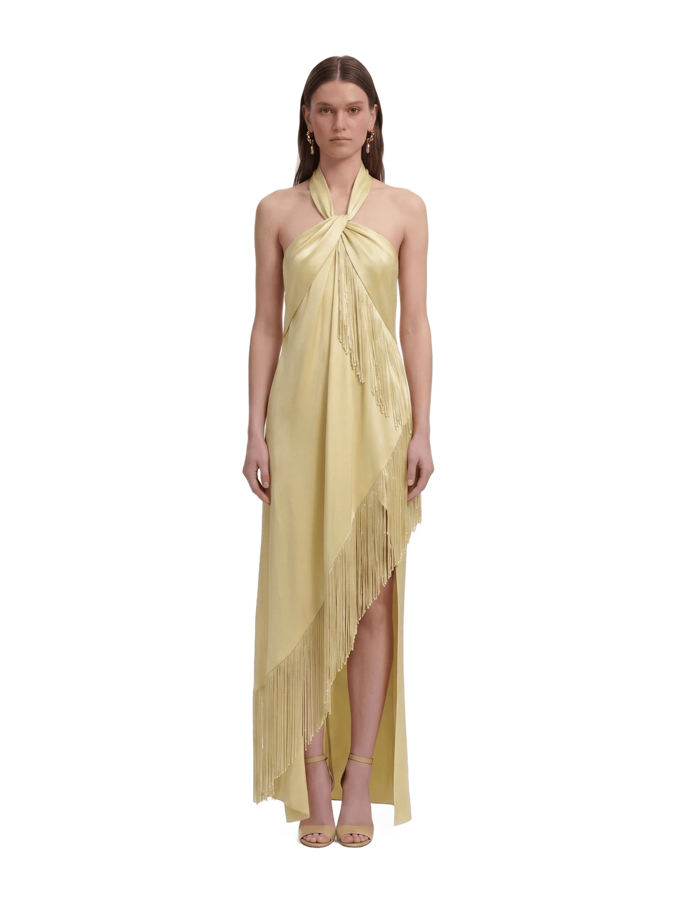 JW Pei Fringe Halter Draped Satin Maxi Dress - Champagne