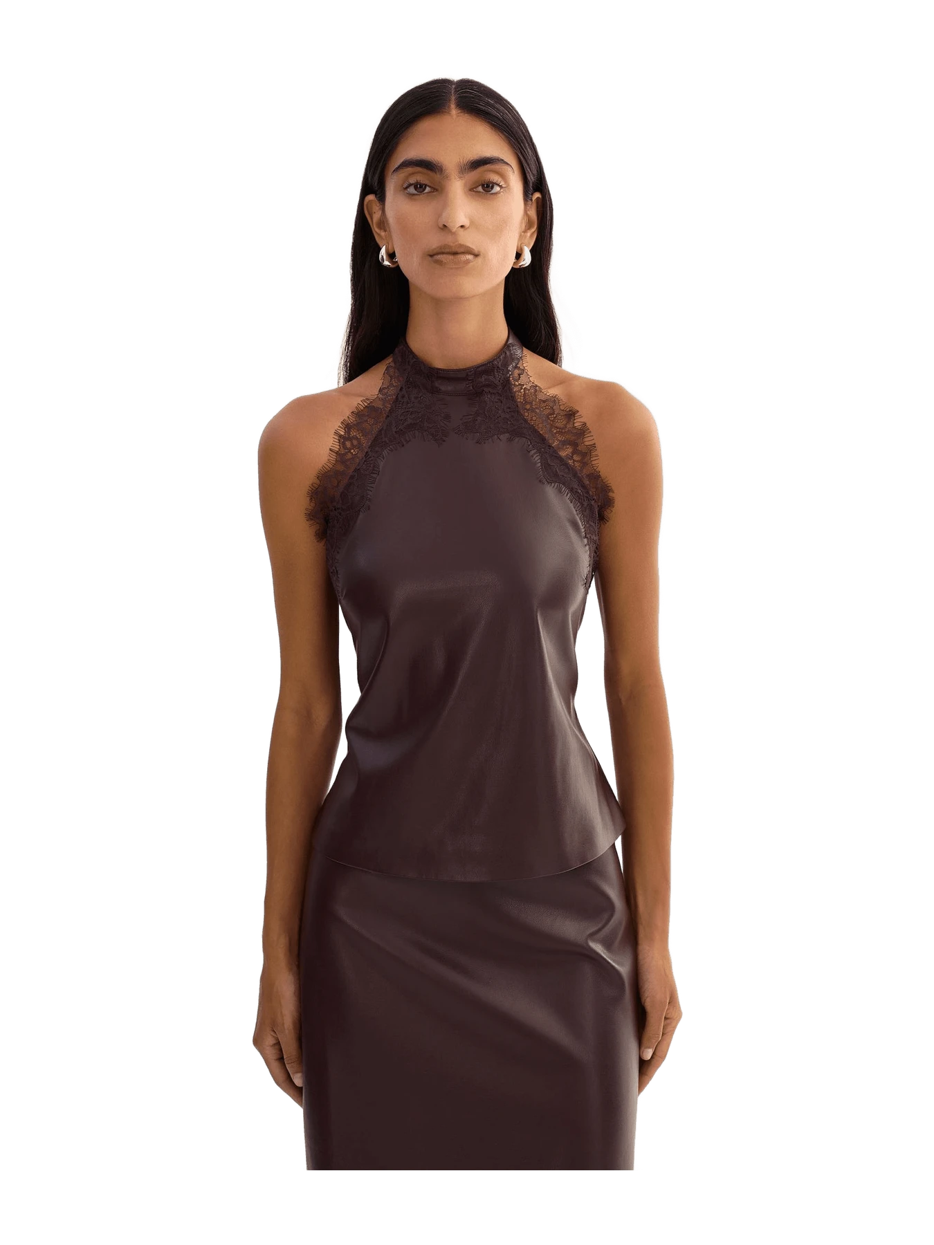 Lamarque GINNY | Lace Trim Faux Leather Top