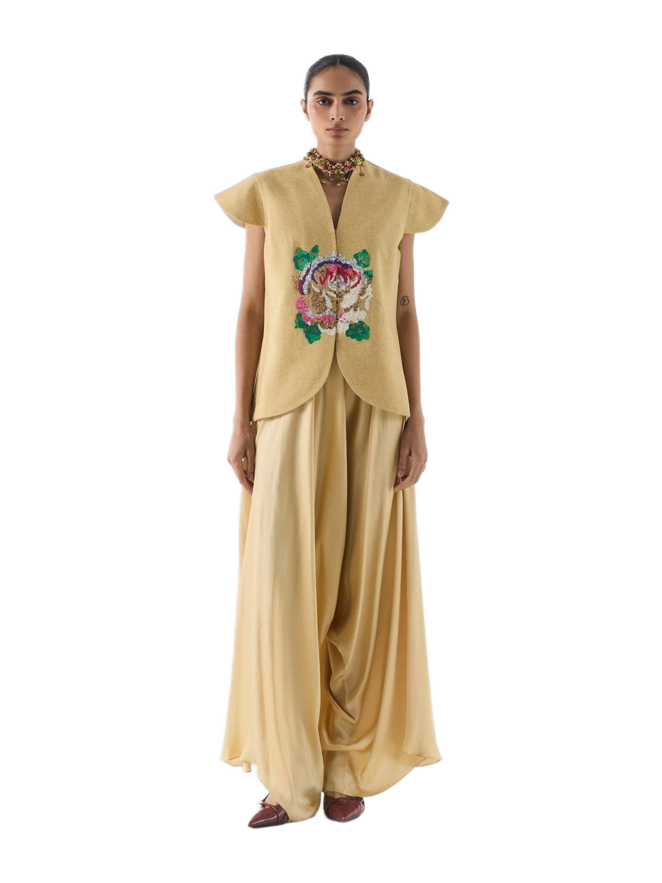 Studio Rigu Gold Garden Rose Vest and Dhoti Pants