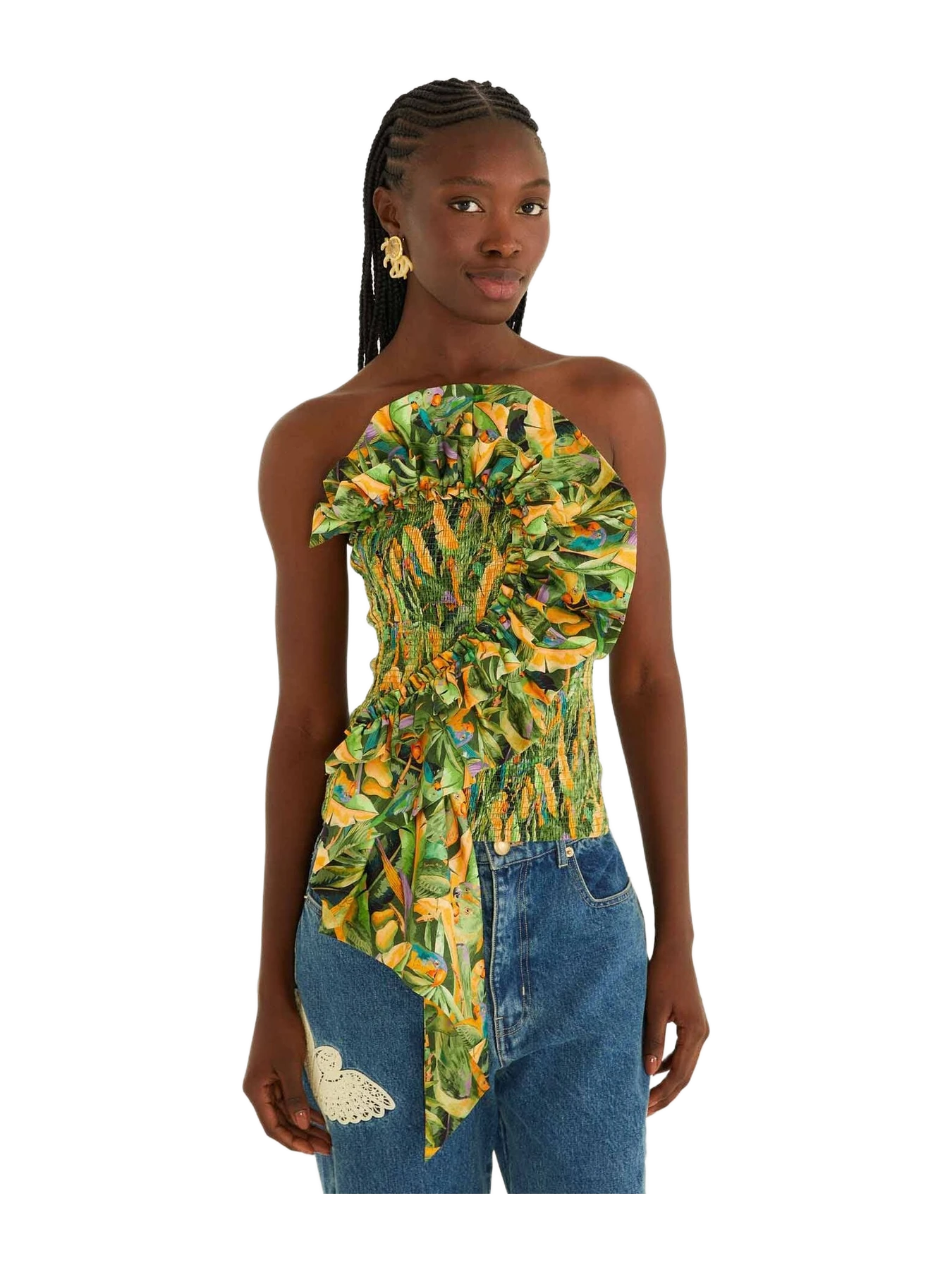 Farm Rio Green Forest Parrots Smocked Ruffled Strapless Top