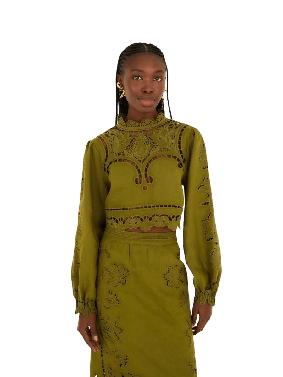 Farm Rio Green Majestic Garden Euroflax™ Premium Linen Richelieu Blouse