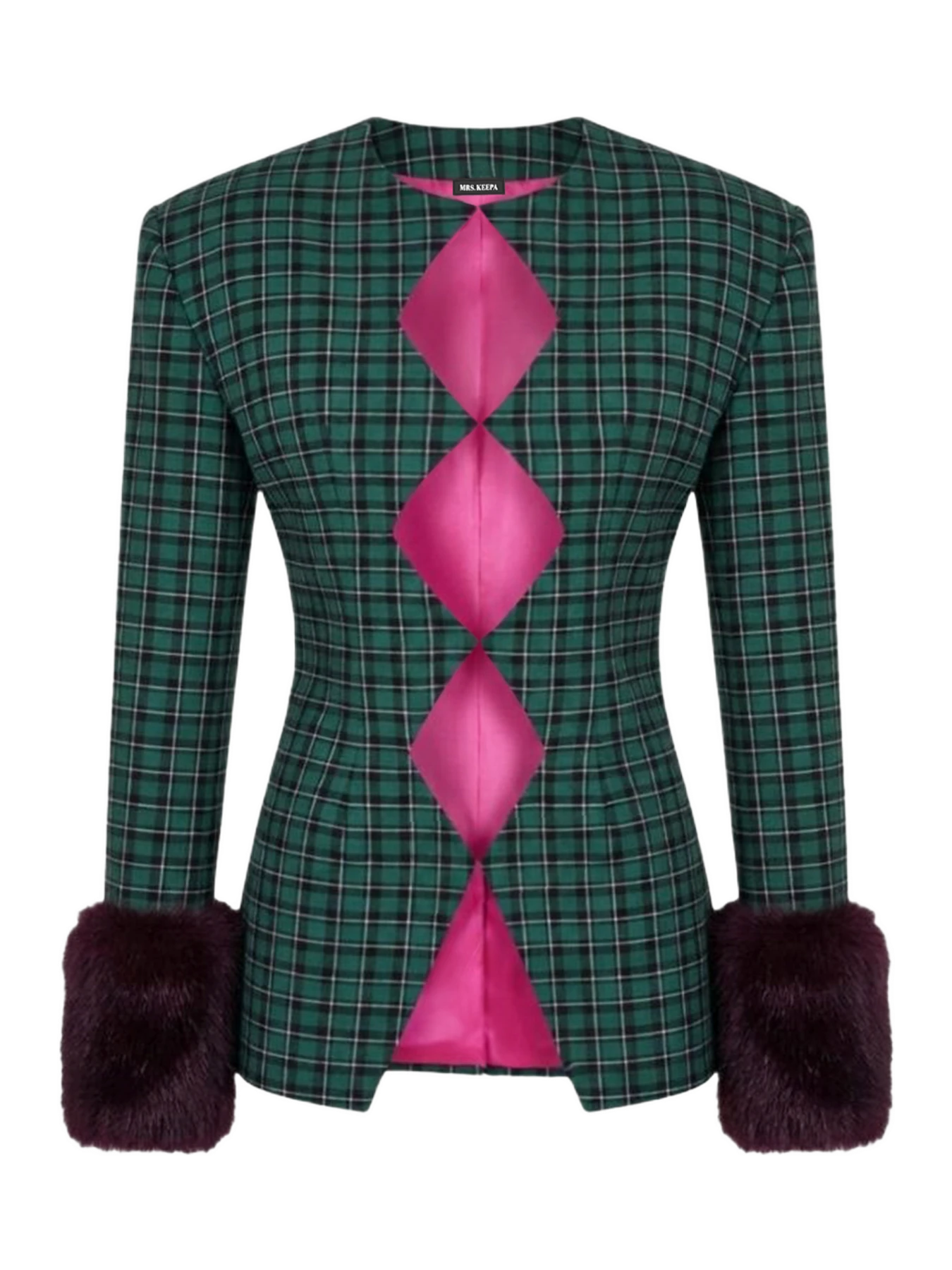 Mrs. Keepa Green Plaid Blazer With Fur Cuffs