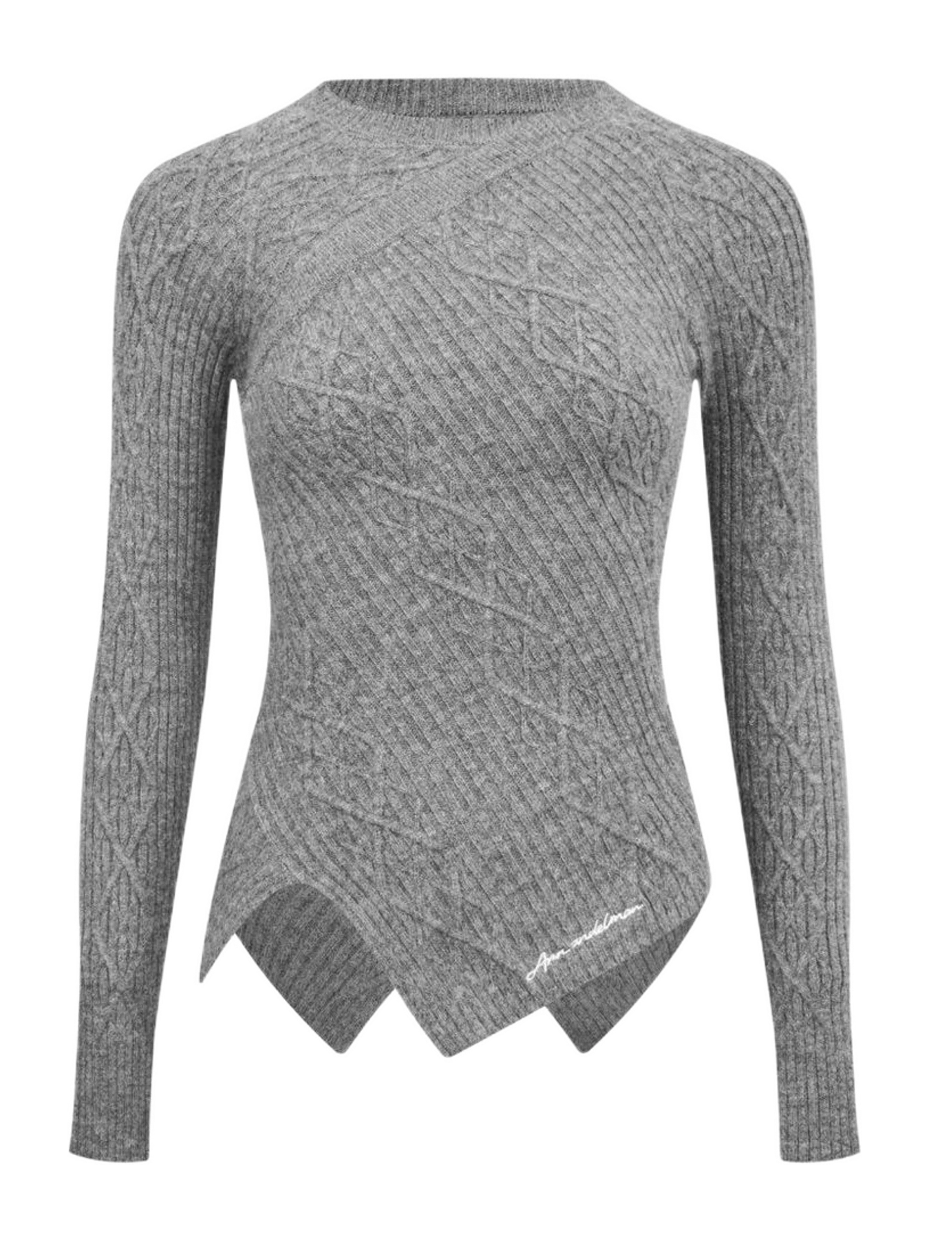 Ann Andelman Grey Crew Neck Diamond Cable Sweater
