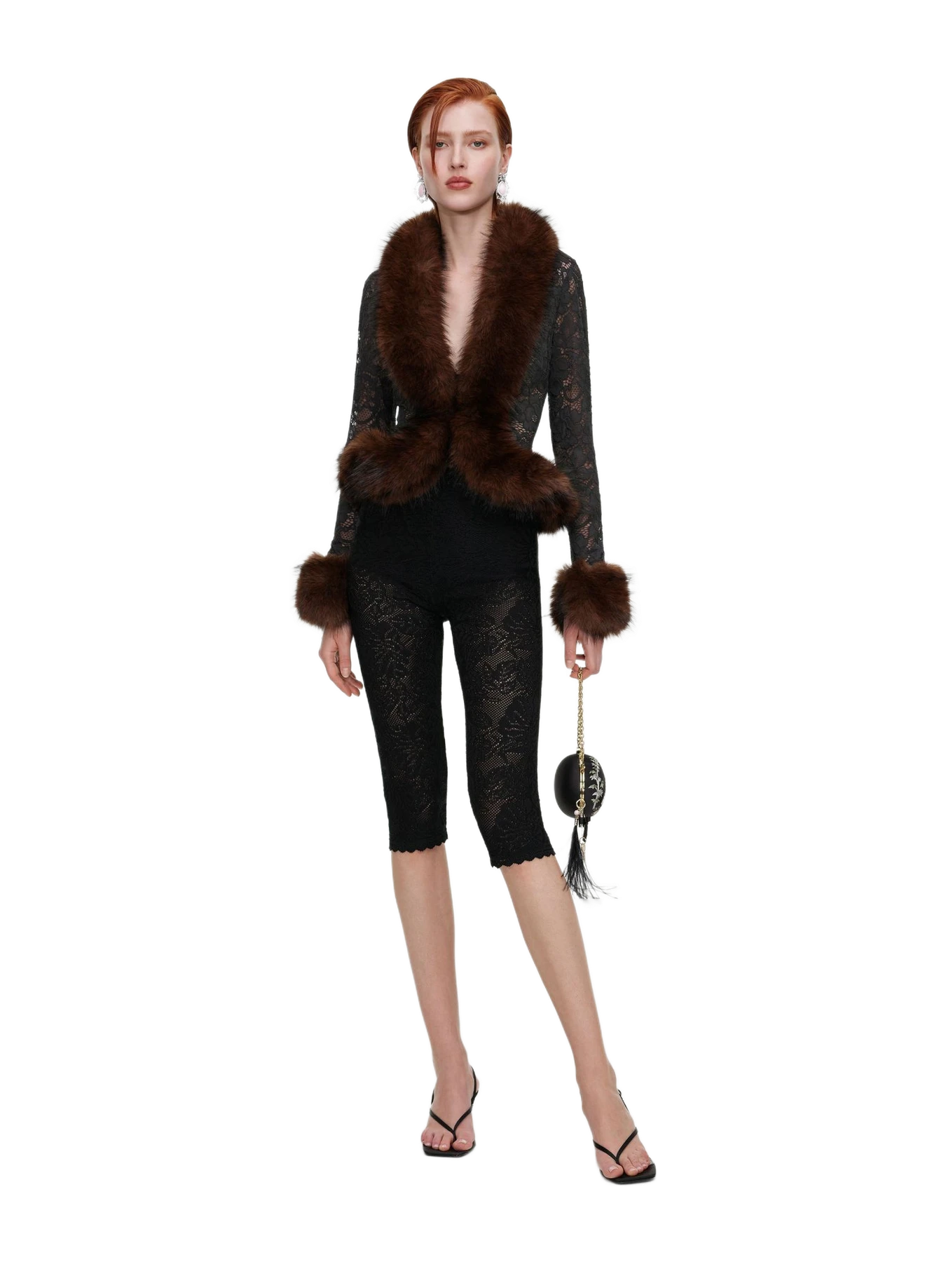 Self-Portrait Grey Lace Fur Collar Top