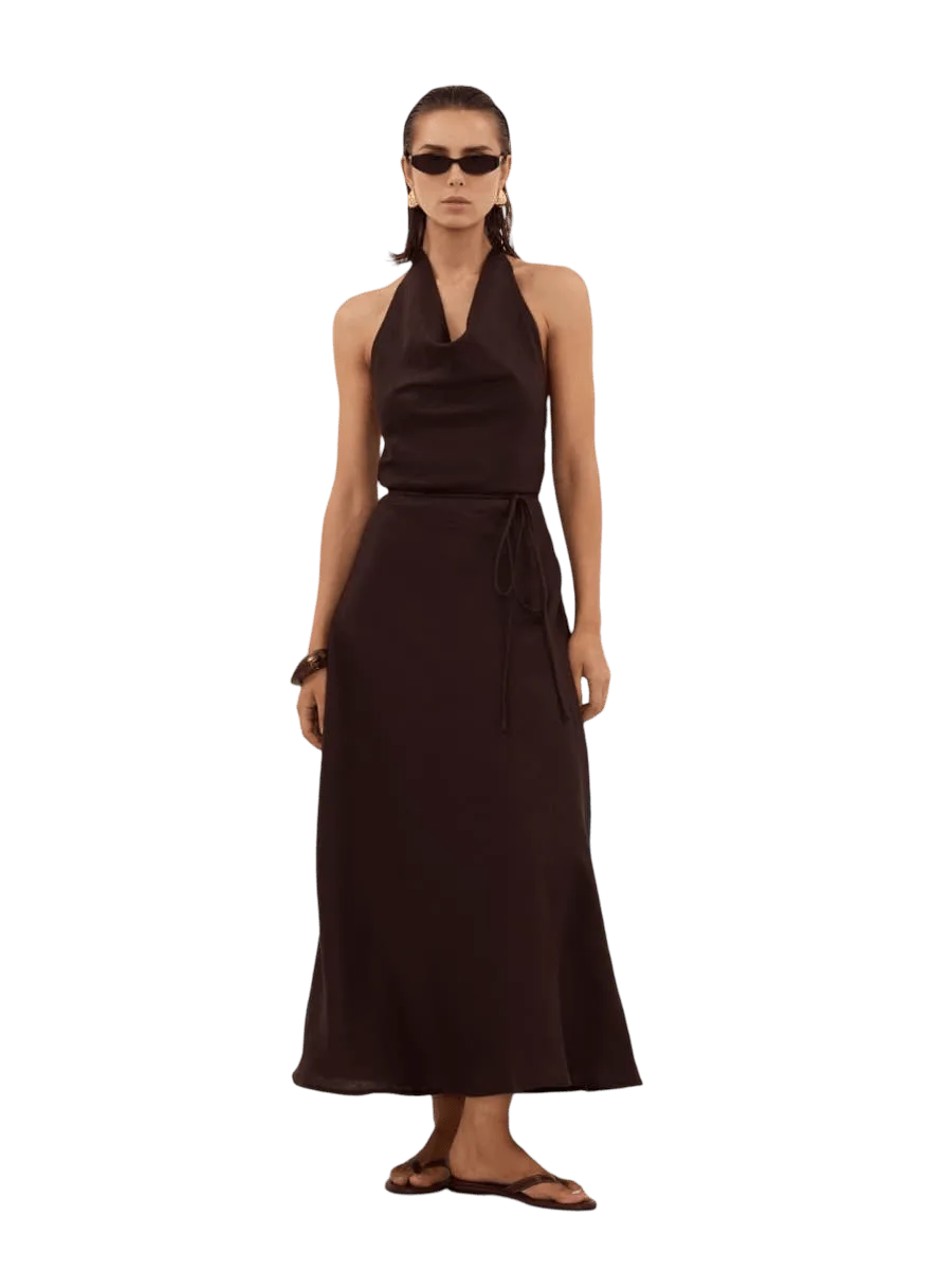 Dissh HAYLEE BURNT CHOC SLEEVELESS LINEN COWL MIDI DRESS