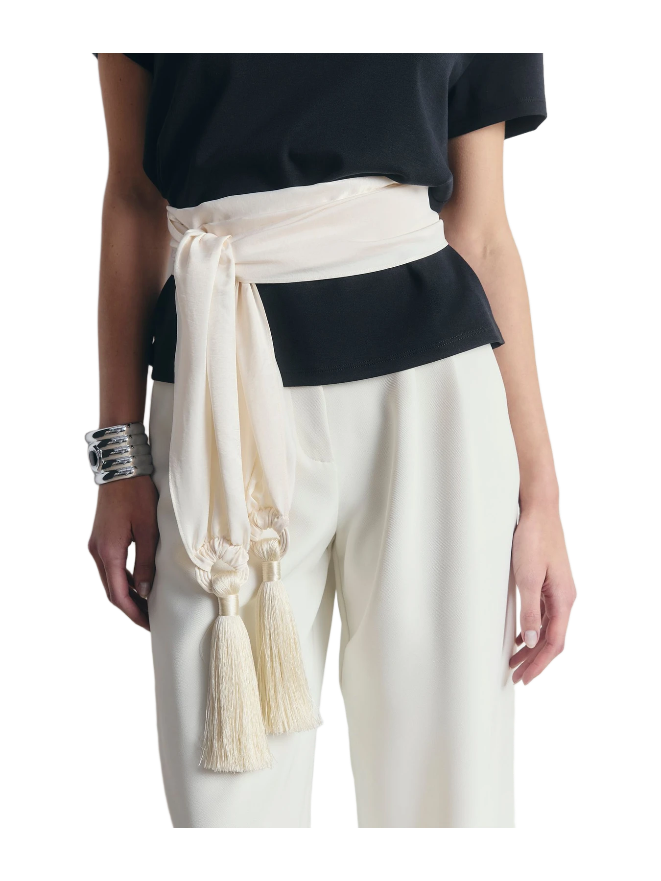Because of Alice High Gloss Satin Tassel Shawl - Cream