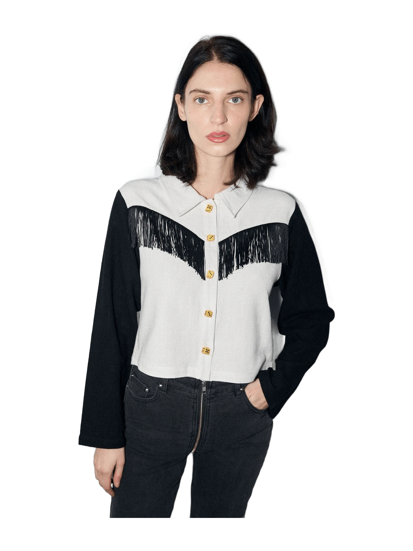 Fashion Brand Company High Roller Thick Linen Fringe Shirt Jacket Black/White