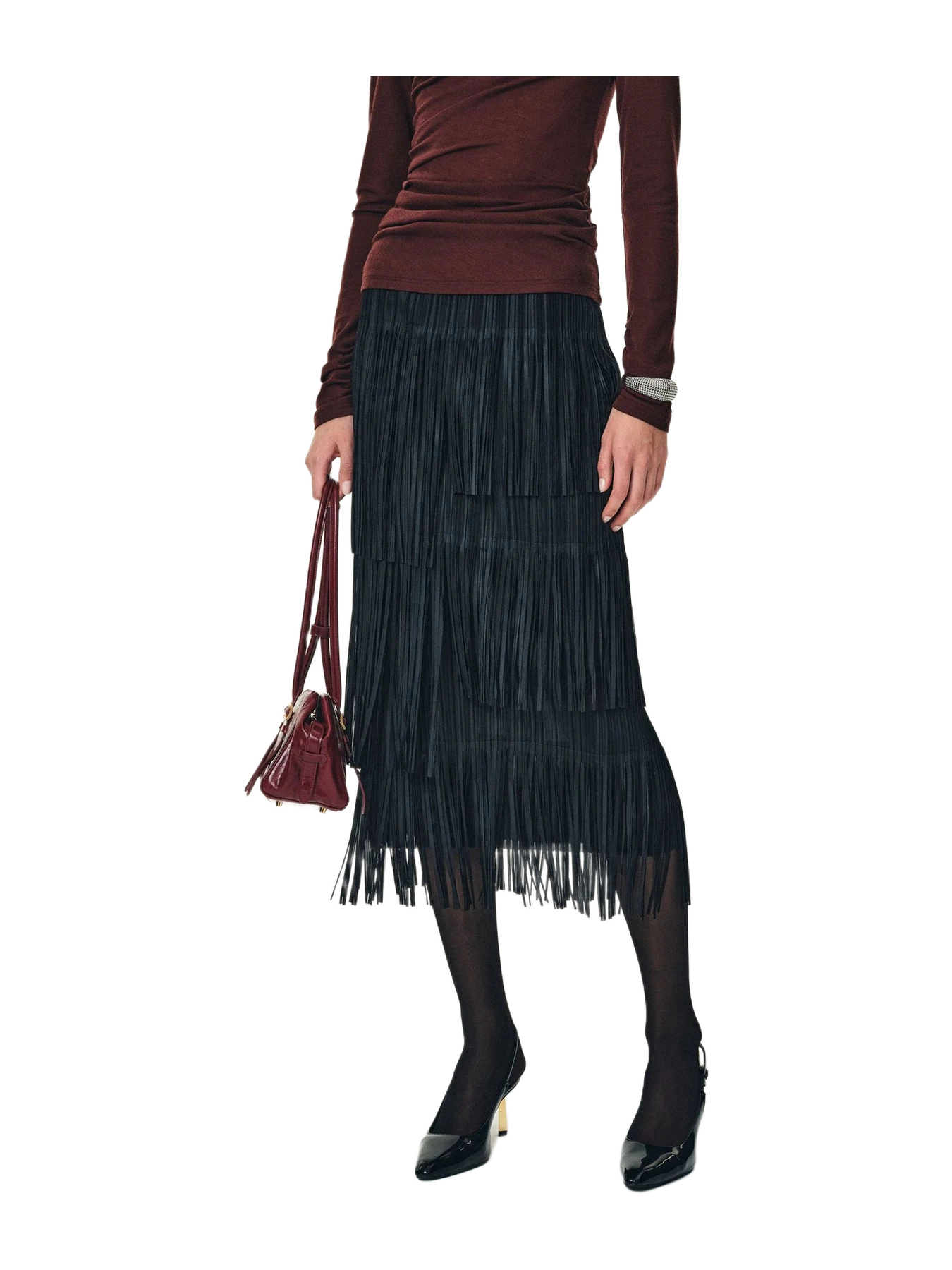 Fabrique Hilda Ruched Asymmetric Fringe Skirt