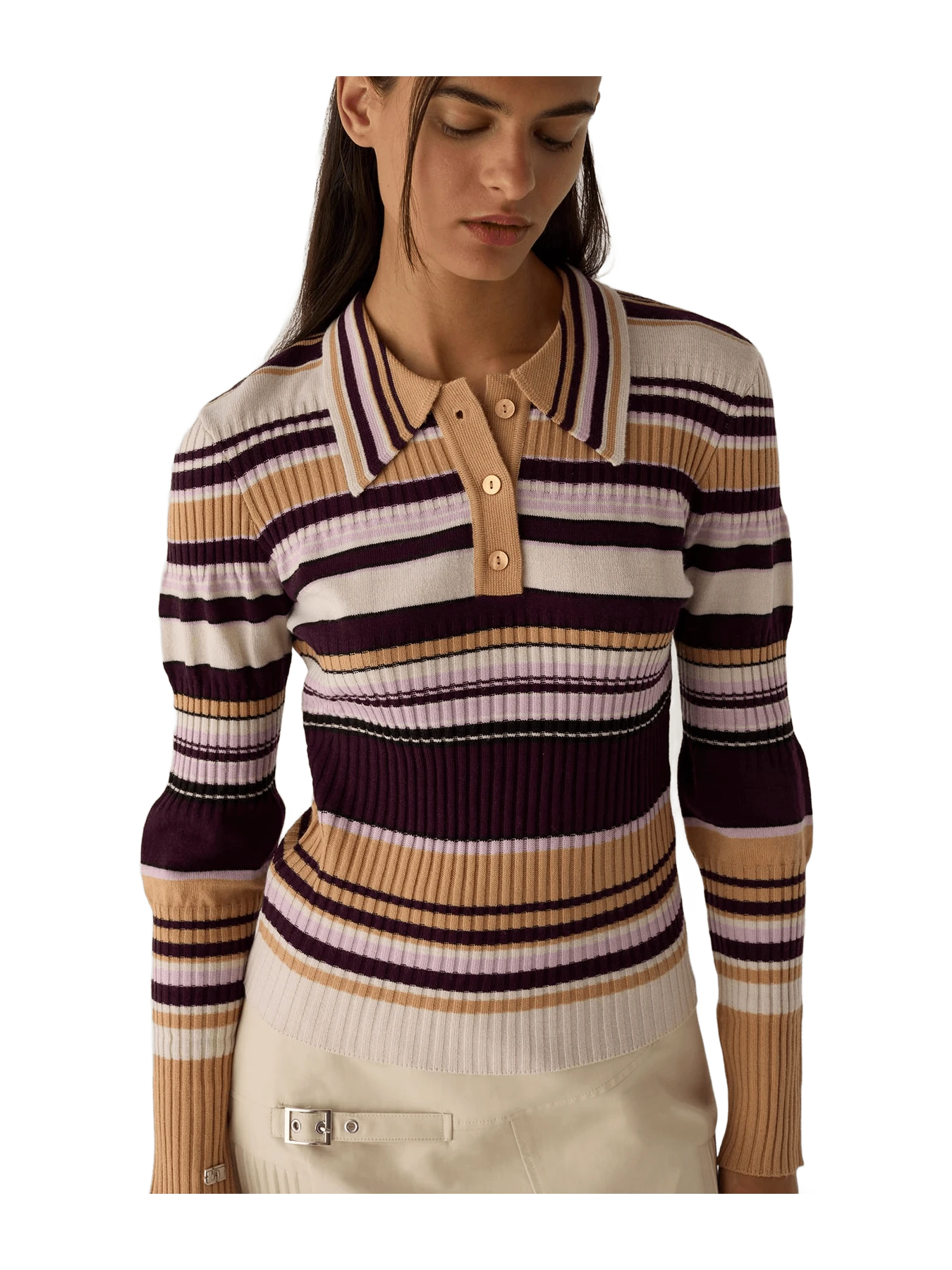 Laagam Ilyana Camel Striped Polo Knit