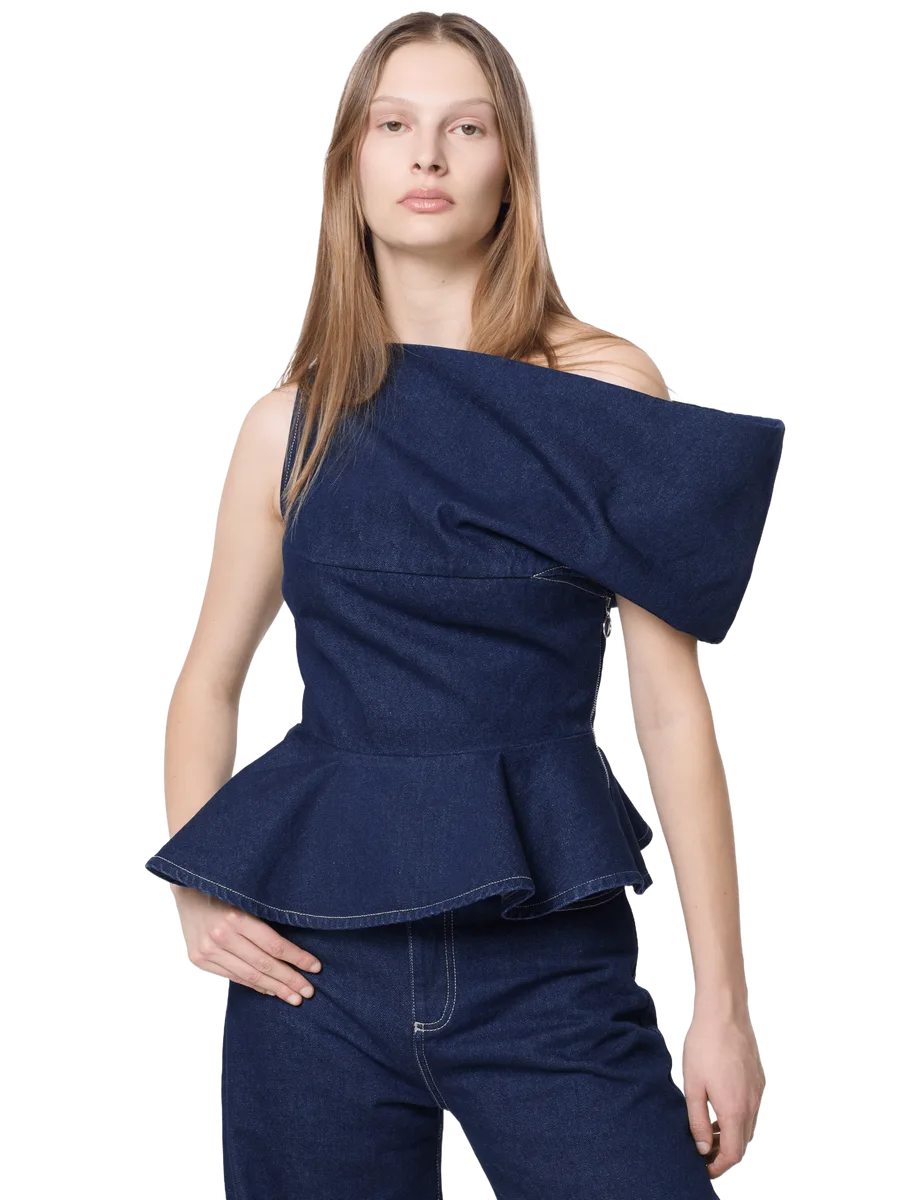 Marques' Almeida INDIGO DENIM OFF SHOULDER ASYMMETRIC TOP