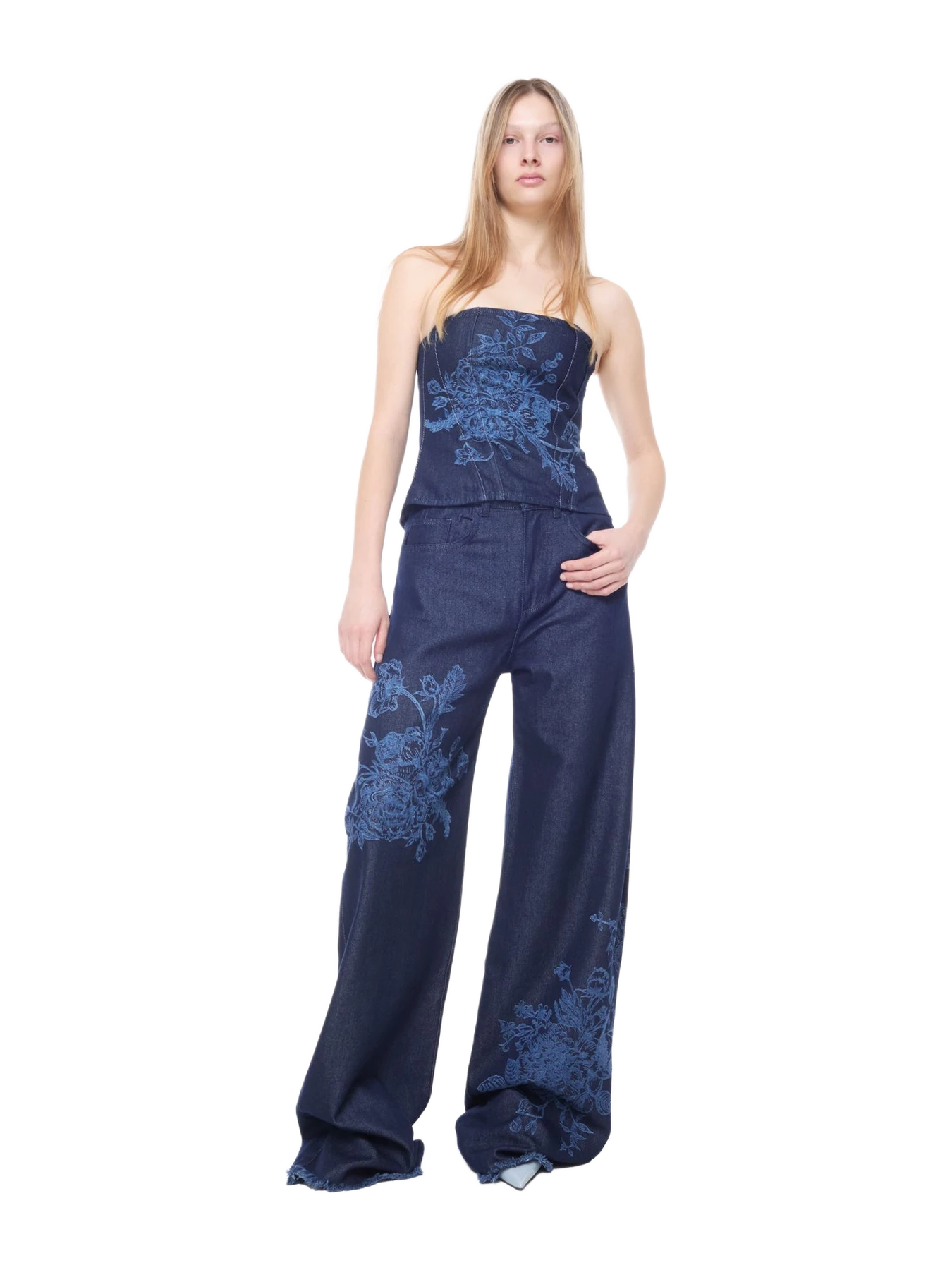 Marques' Almeida Indigo Flower Denim Boyfriend Trousers