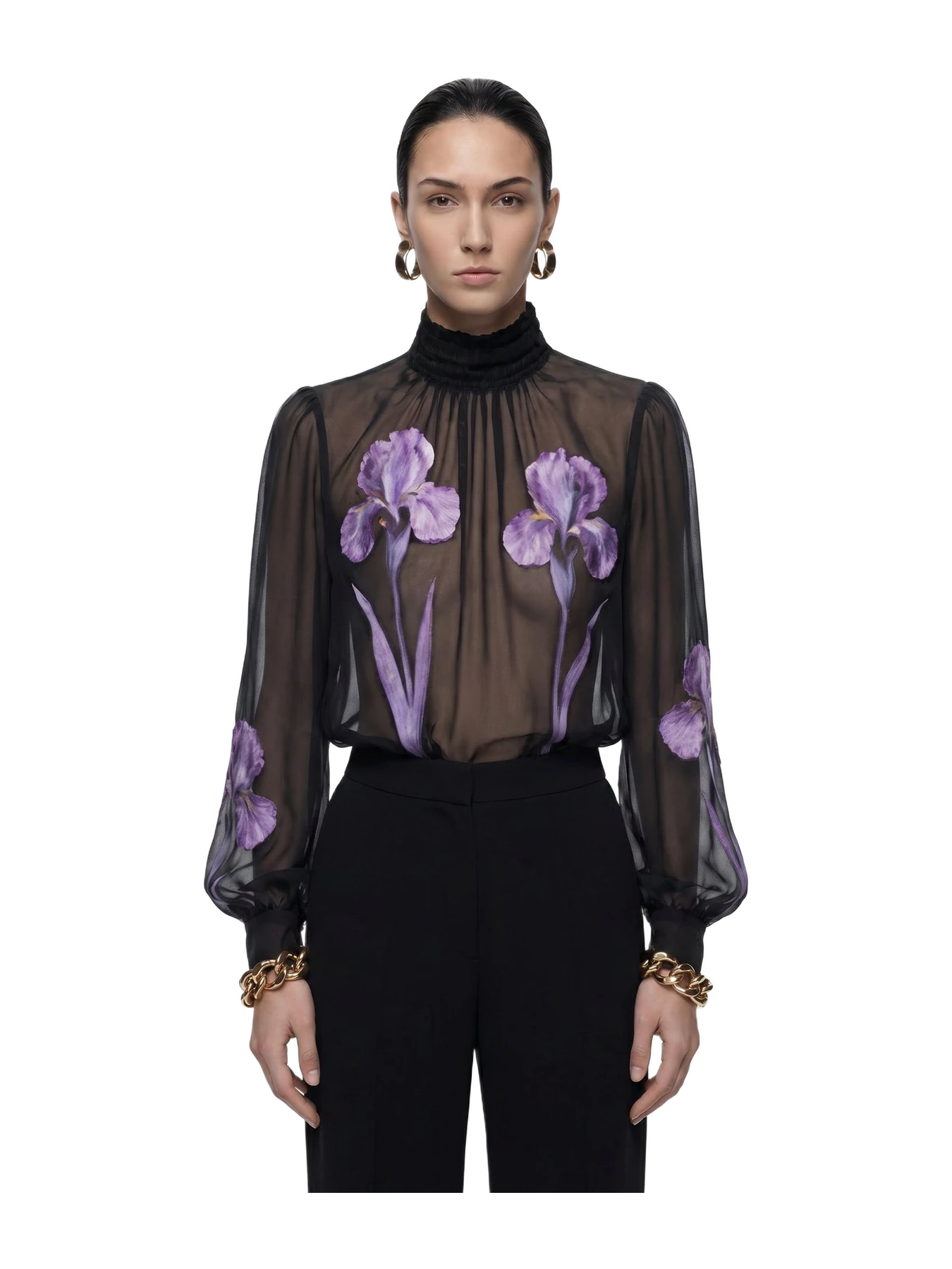 JW Pei Iris Print Sheer High Neck Blouse - Black/Purple