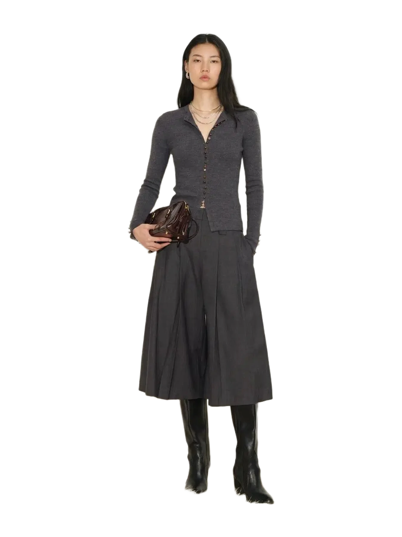 Fabrique Kaia Hand Sewn Buttons Fitted Grey Cardigan In Merino Wool Knit