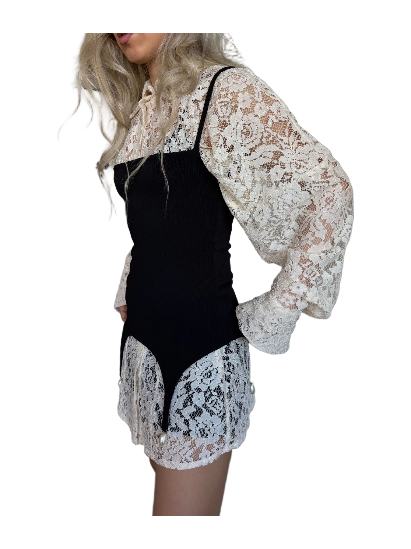 Aaizél Lace Detachable Layered Shirt Dress Set In Cream/Black