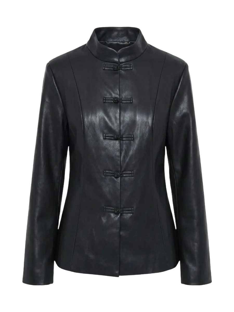 Because of Alice Leather Mandarin Collar Jacket - Black