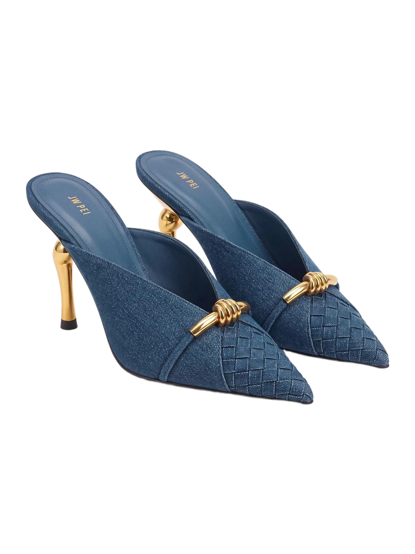 JW Pei Lena Metal Rope Knot Woven Panel Mules - Denim Blue