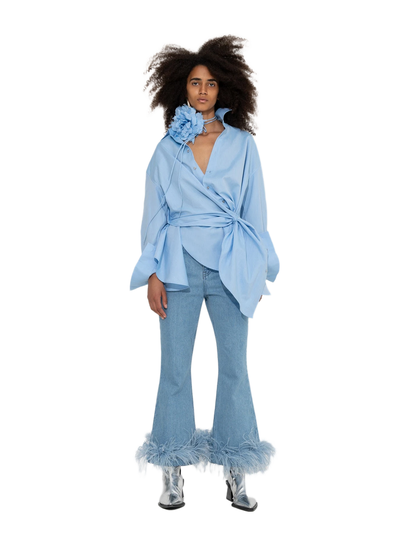 Marques' Almeida Light Blue Feather Hem Capri Jeans