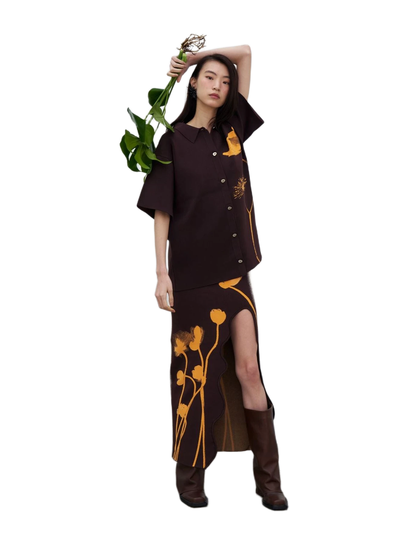 PH5 Lily Flower Print Wavy Midi Skirt