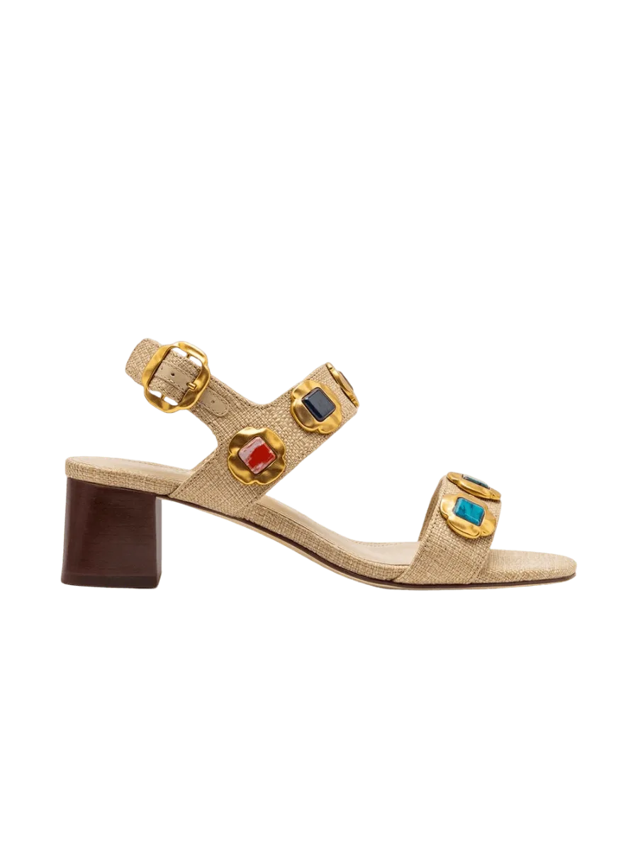 Larroudé Milan Gioiello Block Sandal In Beige Raffia