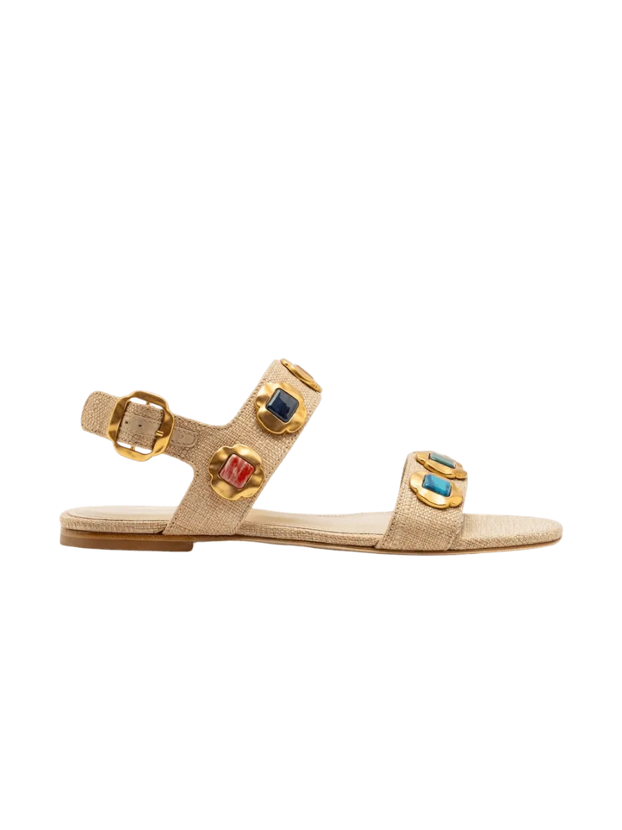 Larroudé Milan Gioiello Flat In Beige Raffia