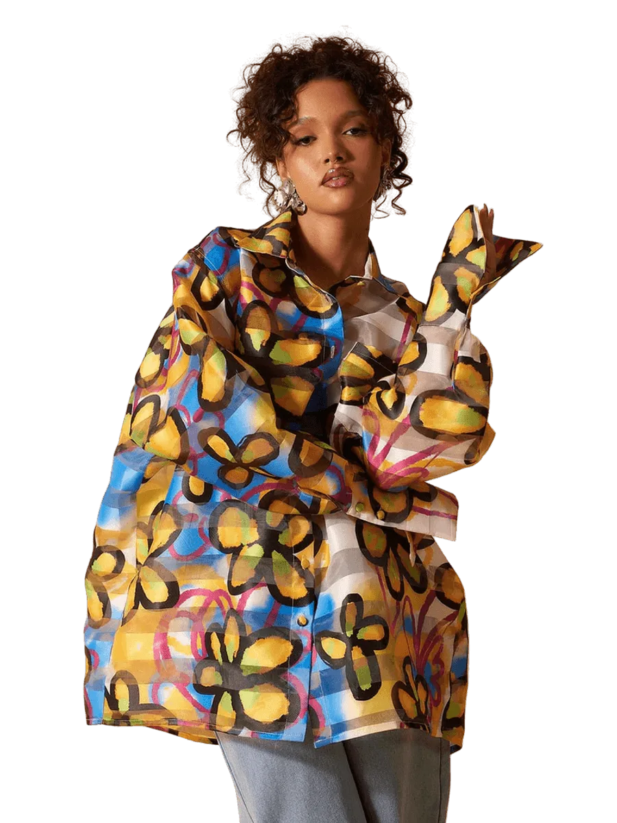 KAI Collective Muwa Technical Organza Oversized Long Sleeve Shirt - Fiore Print