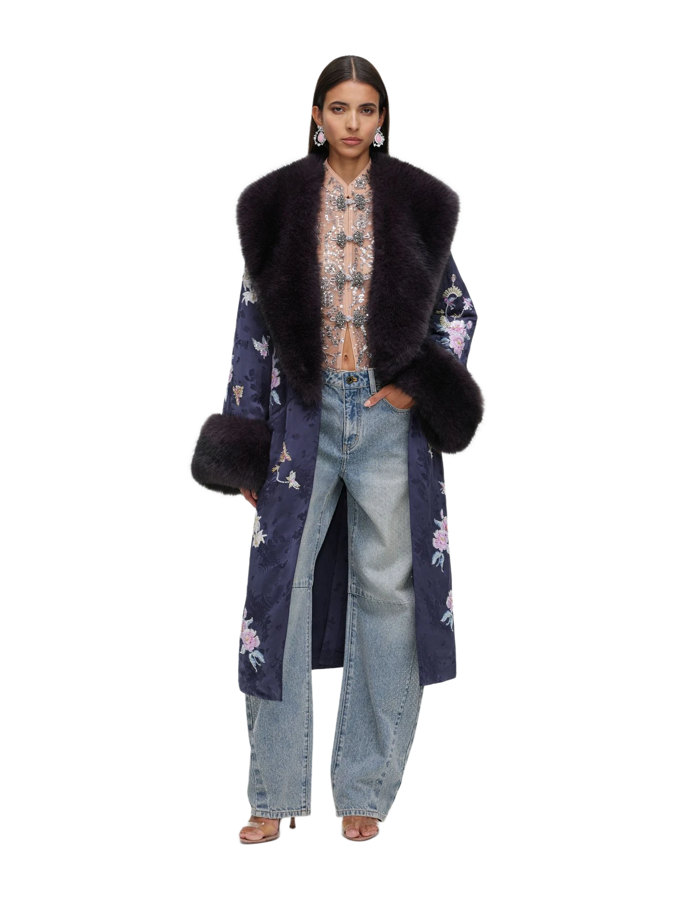 Self-Portrait Navy Floral Jacquard Fur Collar Coat