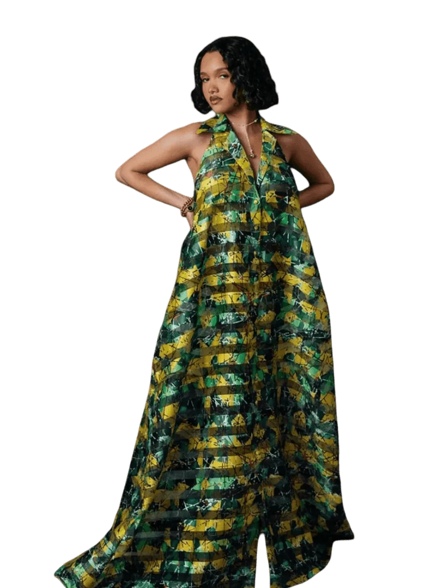 KAI Collective Naya Technical Organza Halter Low Back Shirt Dress - Green